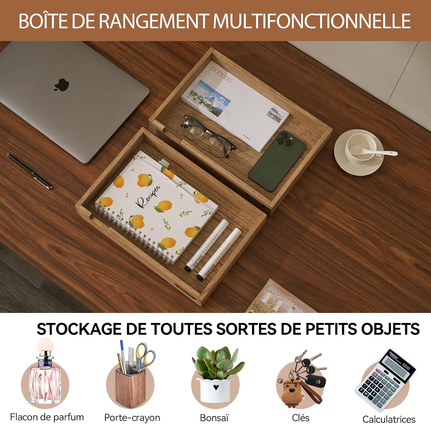 Detalle 2 de KIRIGEN stapelbare houten bureau-organizers, set van 2 met metalen labelhouders