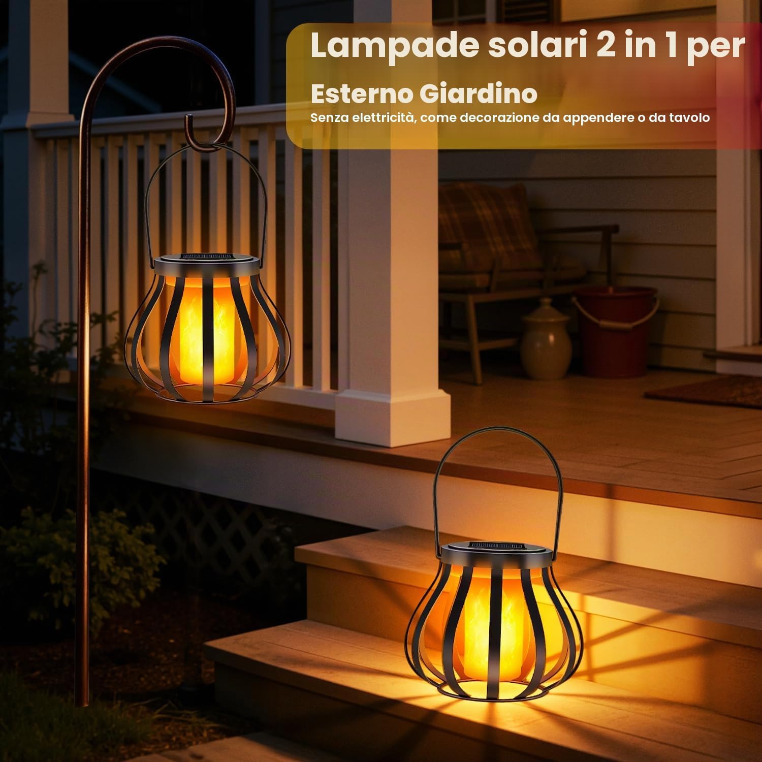 Detalle de 2 lanterne solari con effetto fiamma reale per esterni IP65 – senza gancio e base