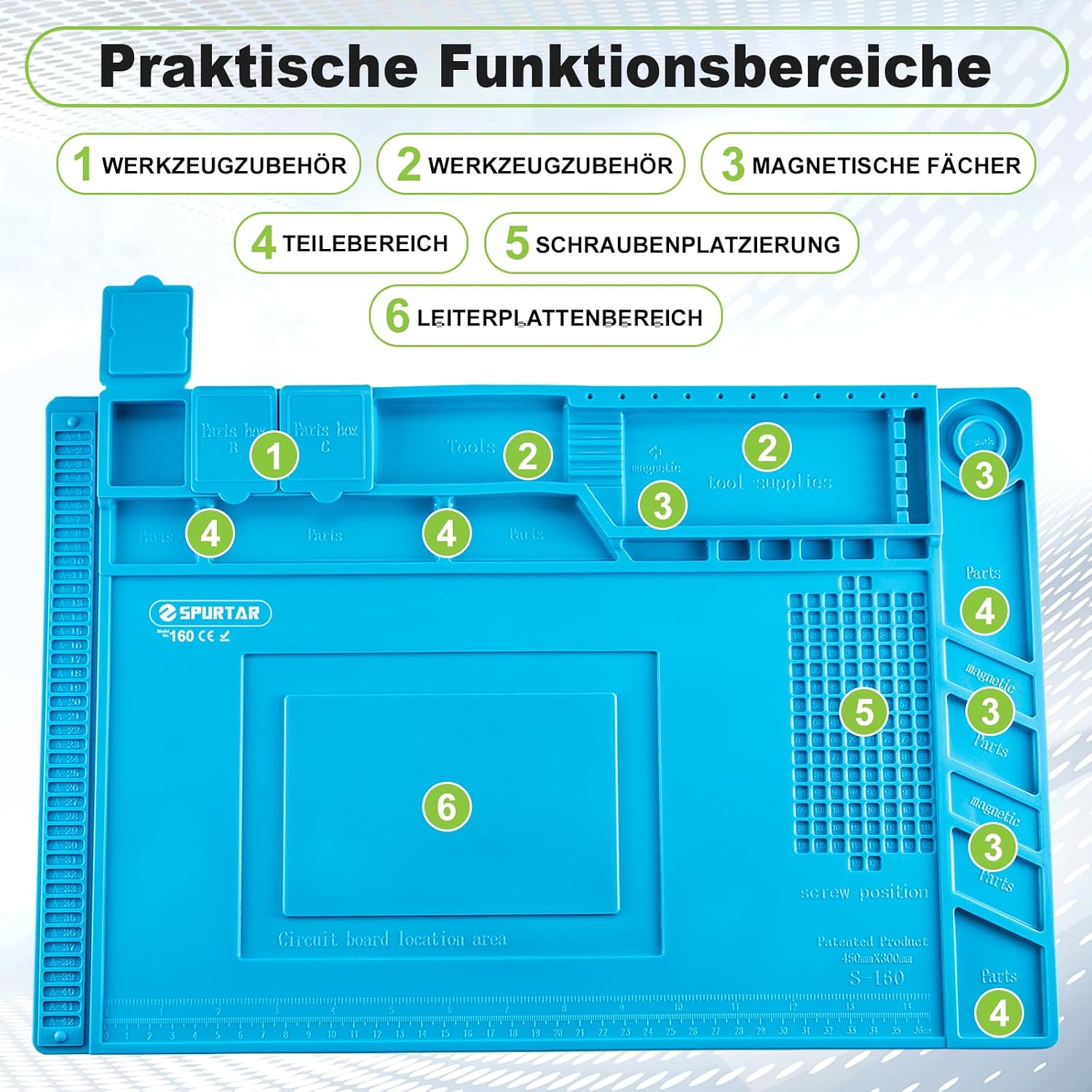 Detalle de Spurtar Lötmatte aus Silikon, 500℃ hitzebeständig – 45 x 30 cm Reparaturunterlage für Löten & Elektronik