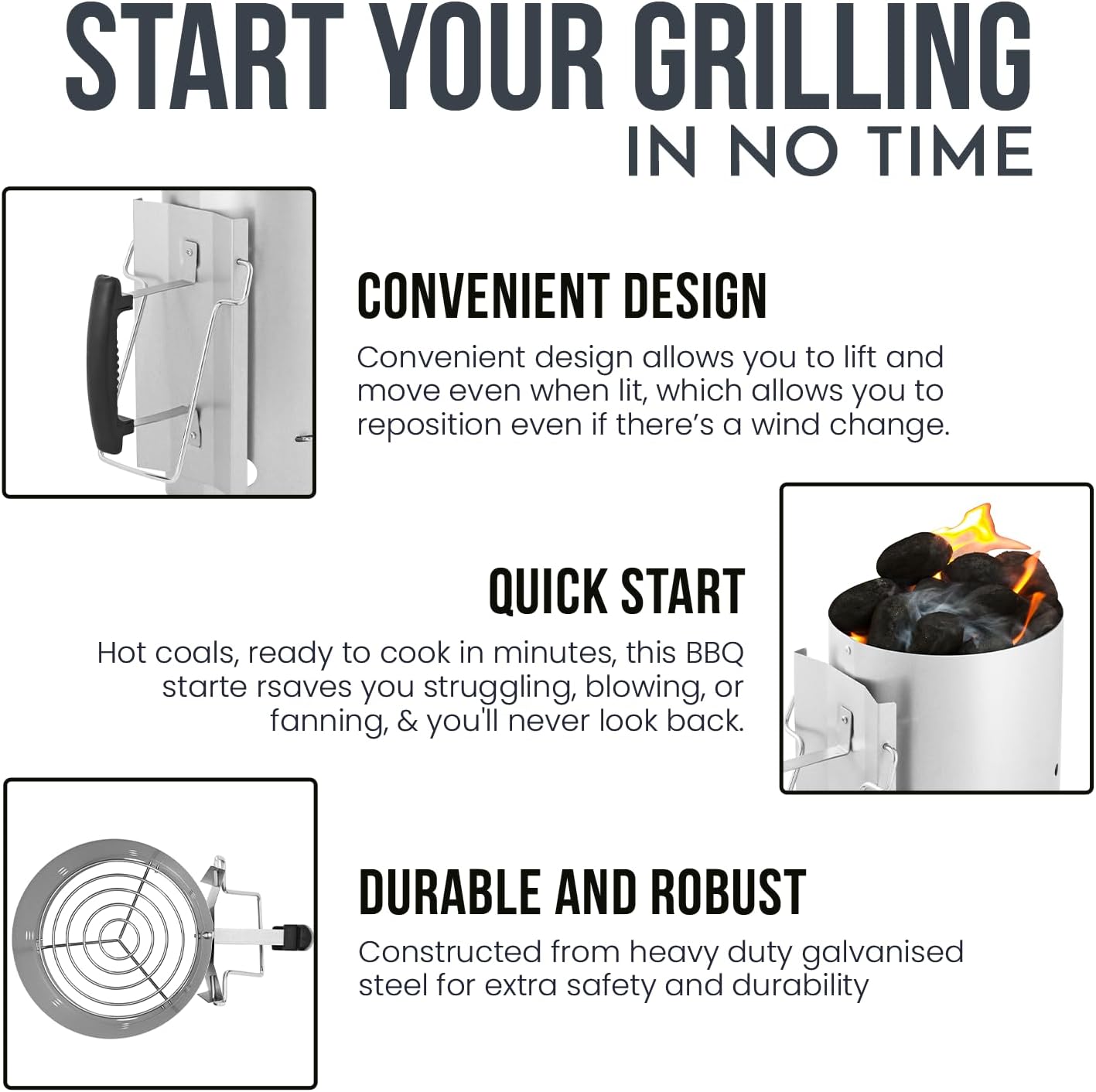 Detalle 2 de SA Products BBQ Chimney Starter – Aluminium Charcoal Lighter Canister with Heat-Insulated Handle