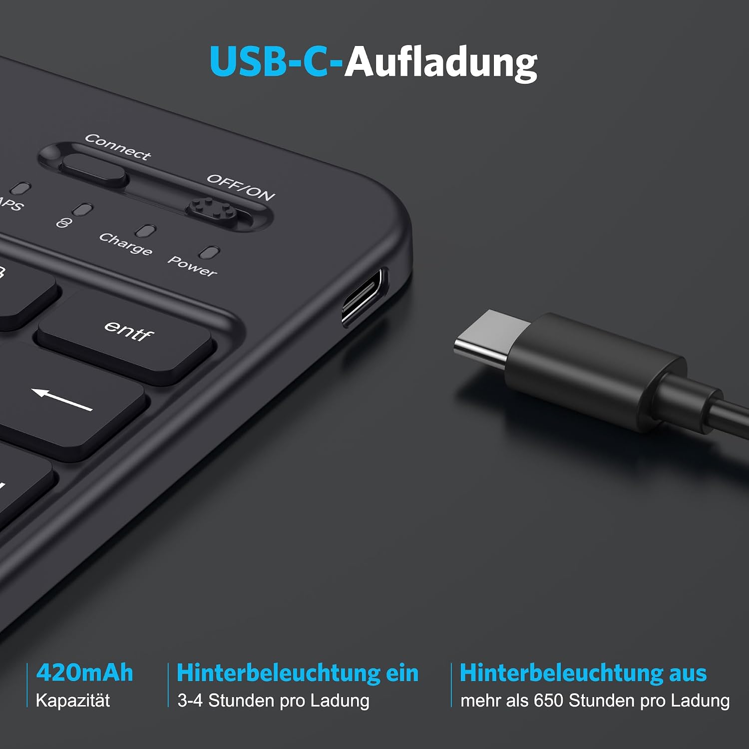 Thumbnail 6 de Emetok deutsche Bluetooth Tastatur – kabellos, wiederaufladbar, 7-farbige Hintergrundbeleuchtung, schwarz