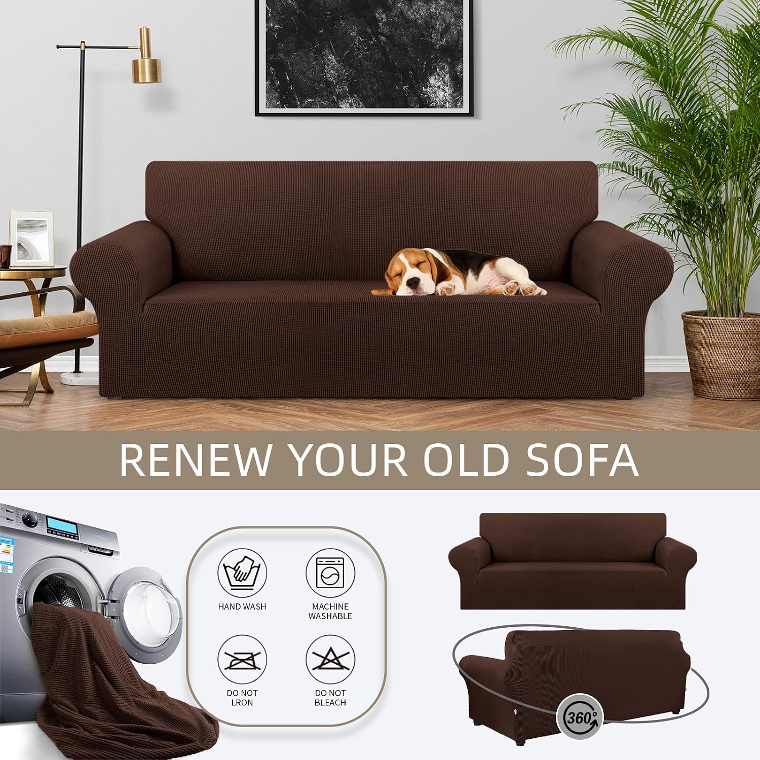 Thumbnail 2 de KEKUOU Stretch Sofa Cover Slipcover for 3-Cushion Sofa (78"–94"), Jacquard Large Chocolate
