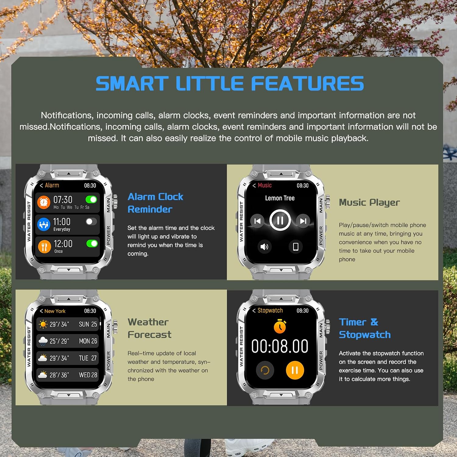 Detalle de Military Smart Watch for Men with Call Function (Gray) – Waterproof fitness tracker for Android & iPhone