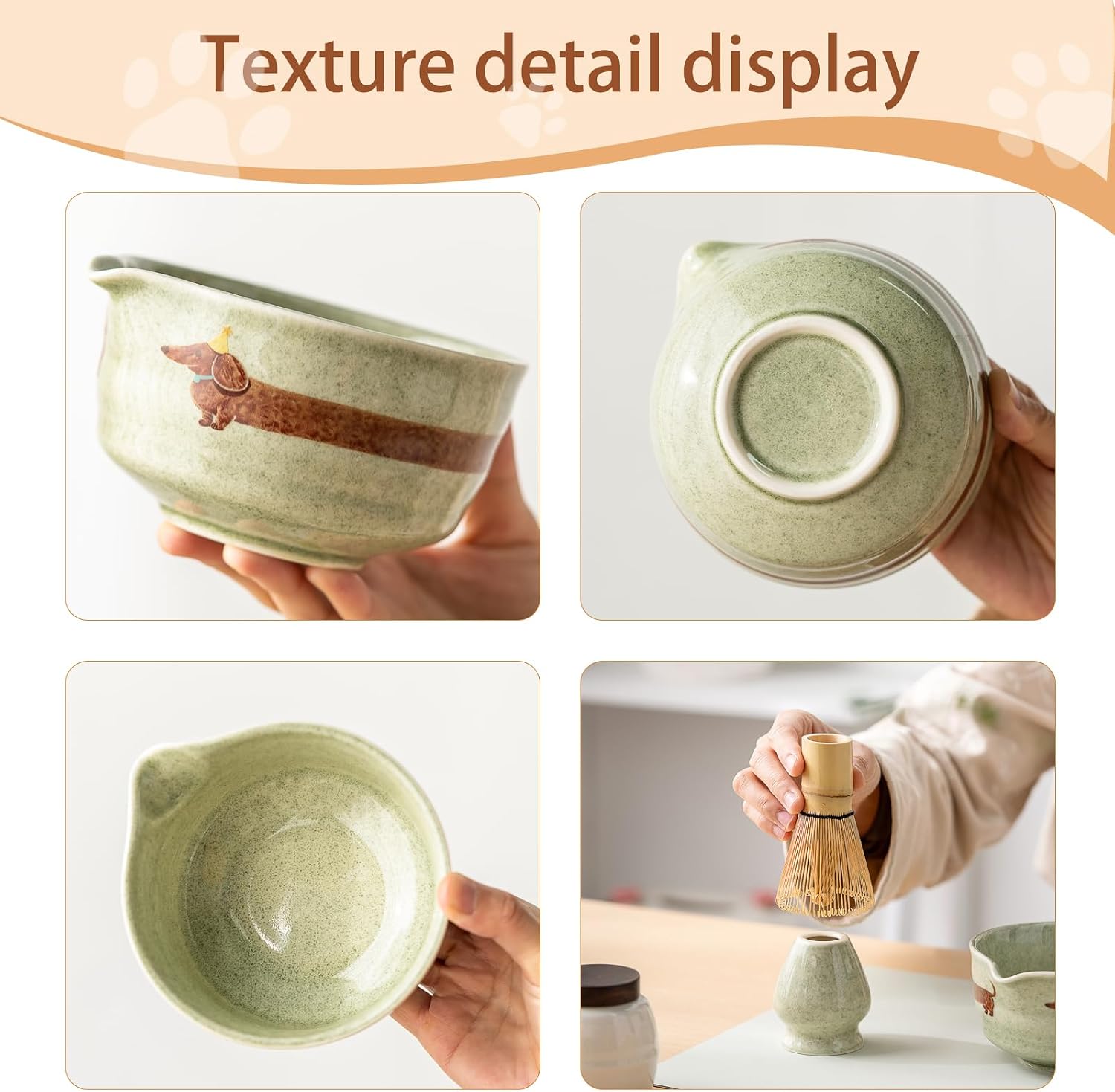 Detalle 2 de Ochcahser 抹茶セット 犬柄の陶器ボウル 500ml/17オンス 注ぎ口付き・竹製茶筅と茶杓
