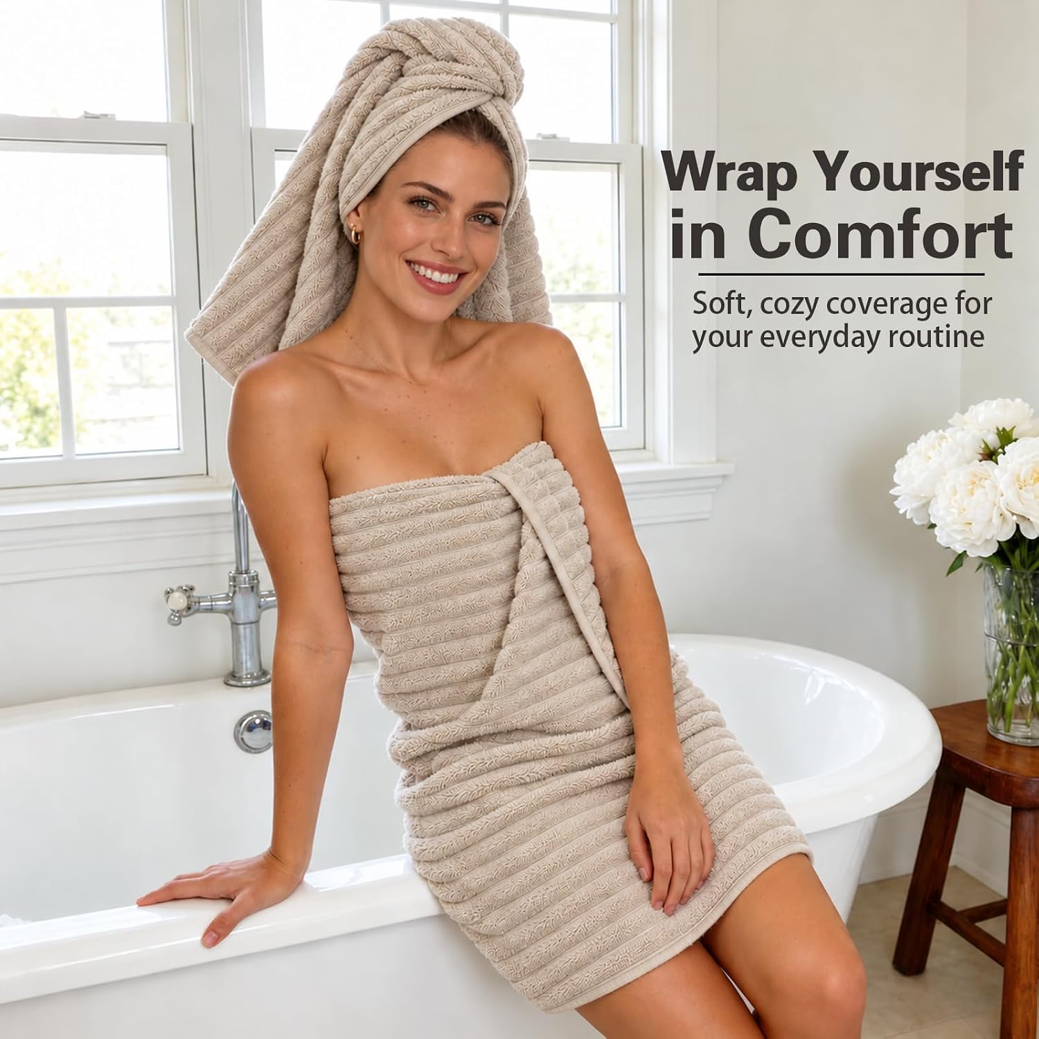 Detalle de NALIVO 2-Piece 40" x 80" Microfiber Bath Sheets, Beige, Quick-Drying