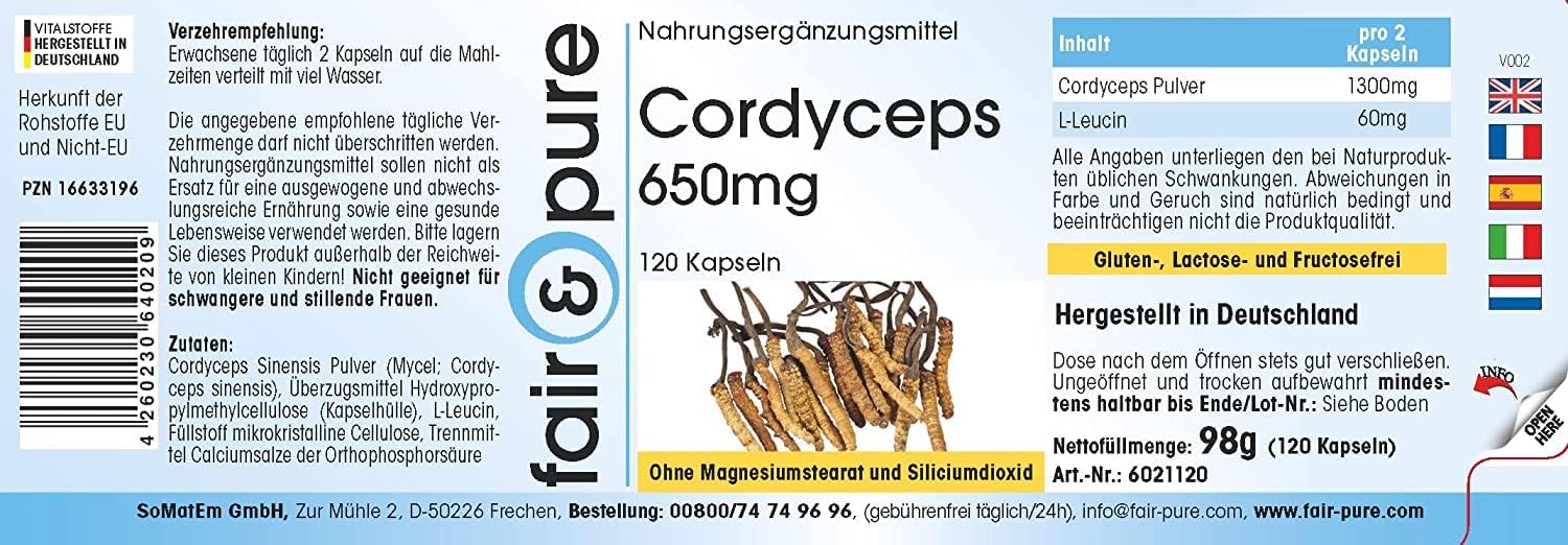 Detalle de Fair & Pure Cordyceps 650mg, 120 Kapseln – veganes Nahrungsergänzungsmittel ohne Zusätze, hergestellt in Deutschland