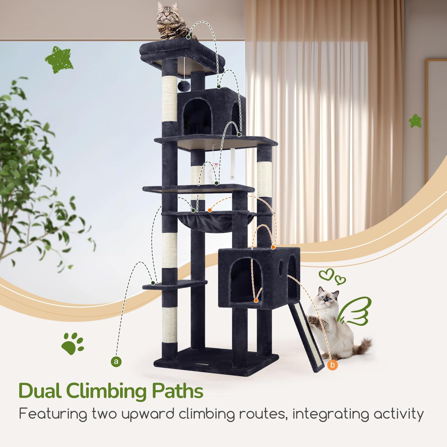 Detalle de Globlazer Heavy Duty Cat Tree, 70-Inch Tall with Hammock, Condo, and Dual Climbing Paths