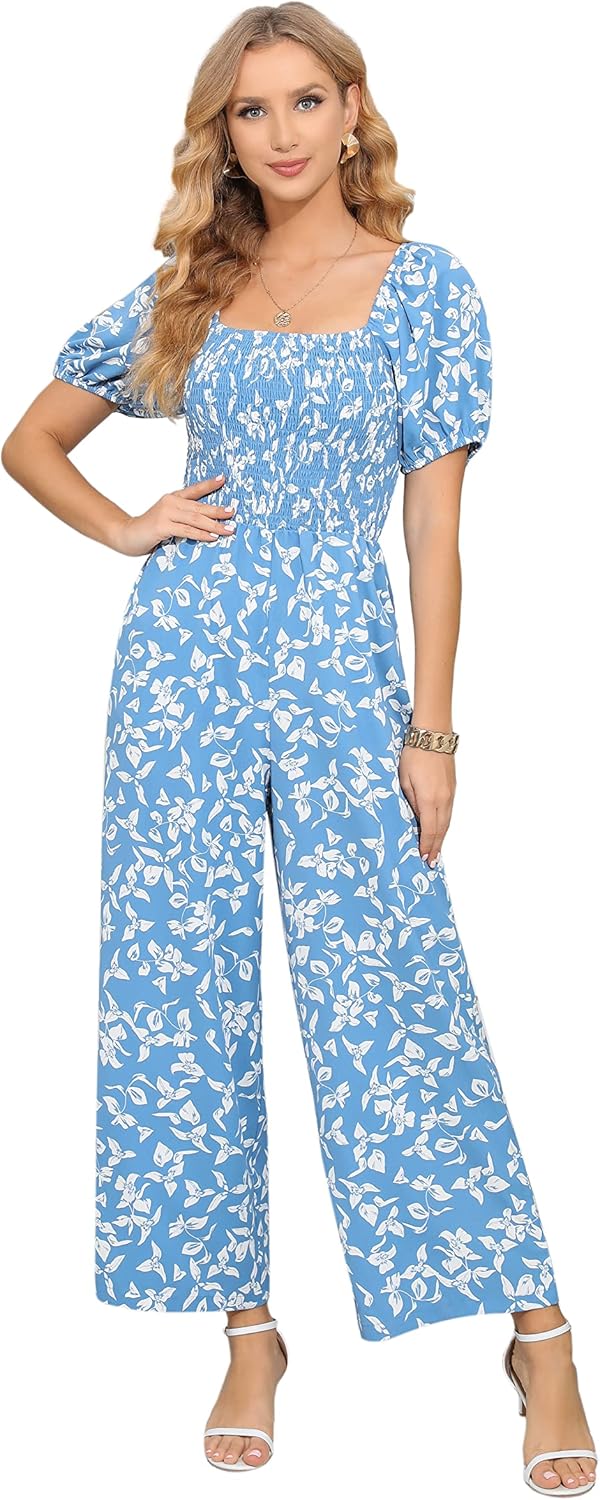 Detalle 2 de Love Welove Floral Smocked Jumpsuit for Women – Dressy Casual Wide Leg One Piece
