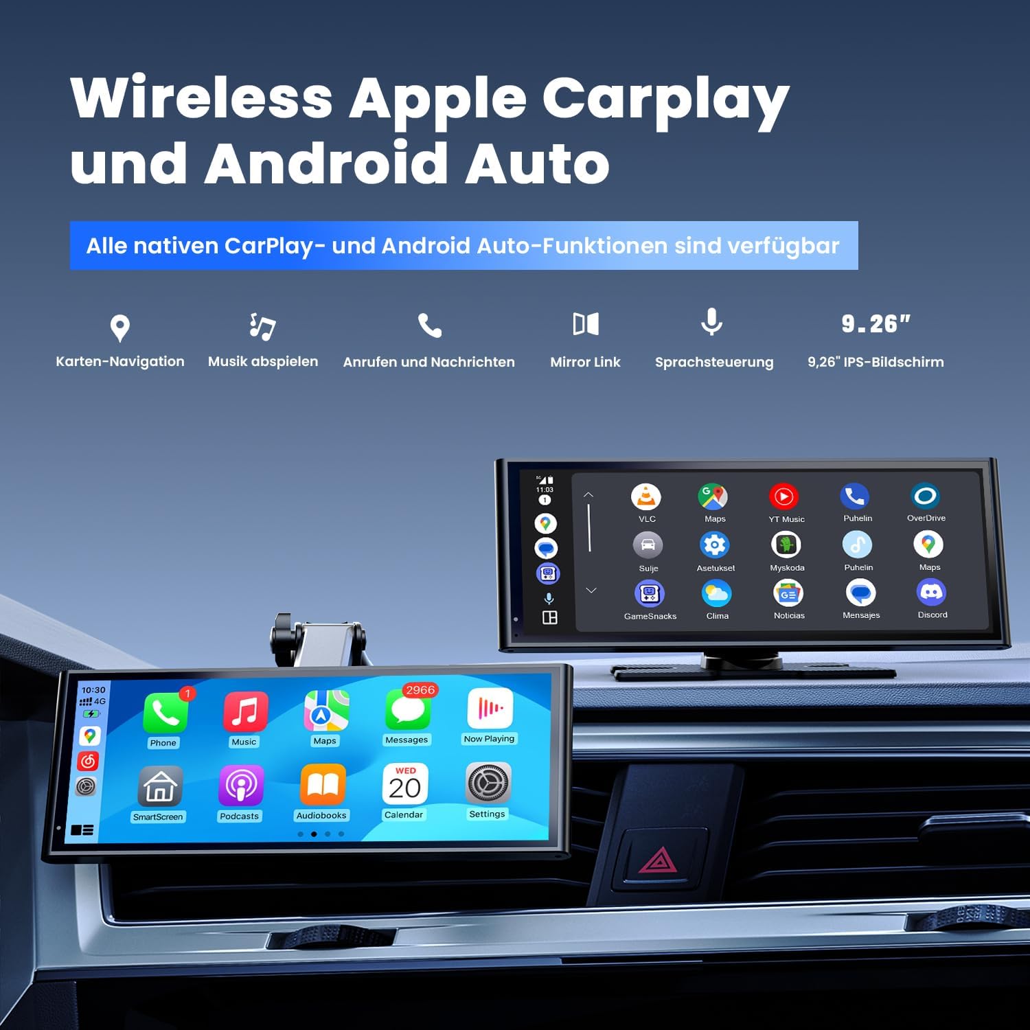 Detalle de Krnua 9,26" CarPlay Display – Drahtloses CarPlay/Android Auto, OTA-Updates, Rückfahrkamera & Navigation