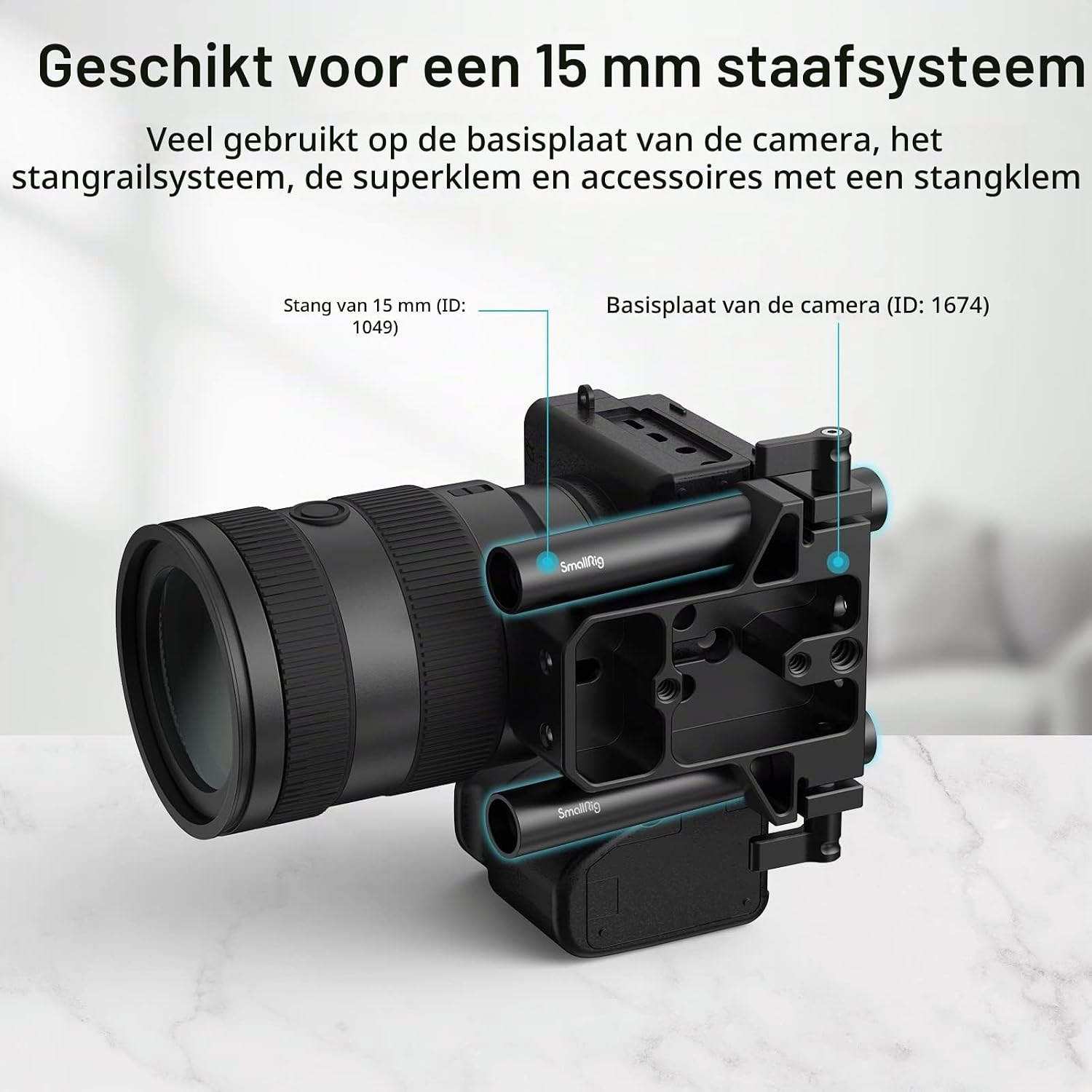 Detalle 2 de SMALLRIG 1049 aluminium 15mm-stangen van 10 cm met M12-binnendraad, 2 stuks