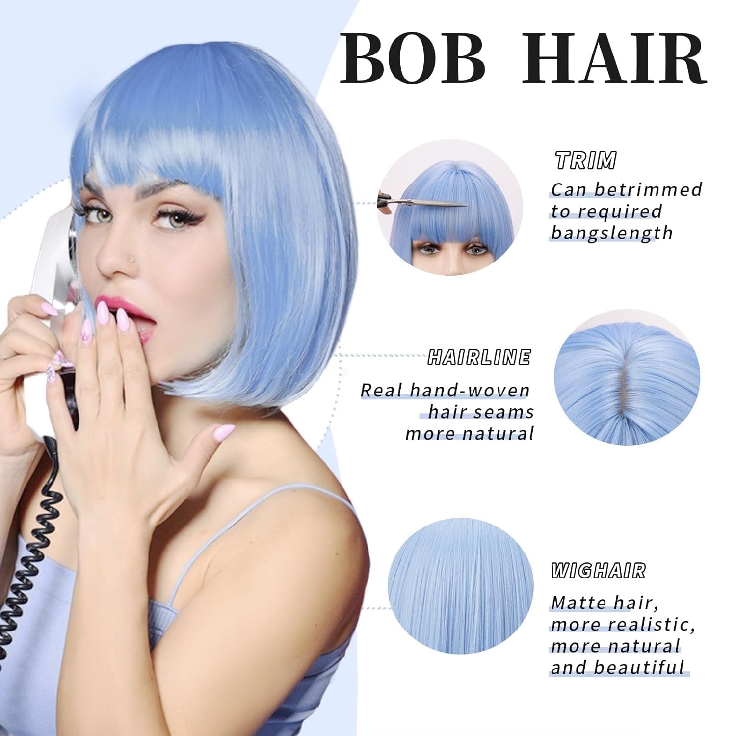 Detalle de SUKRI Light Blue Bob Wig with Bangs (12 Inch) – Short Straight Blue Wig for Women