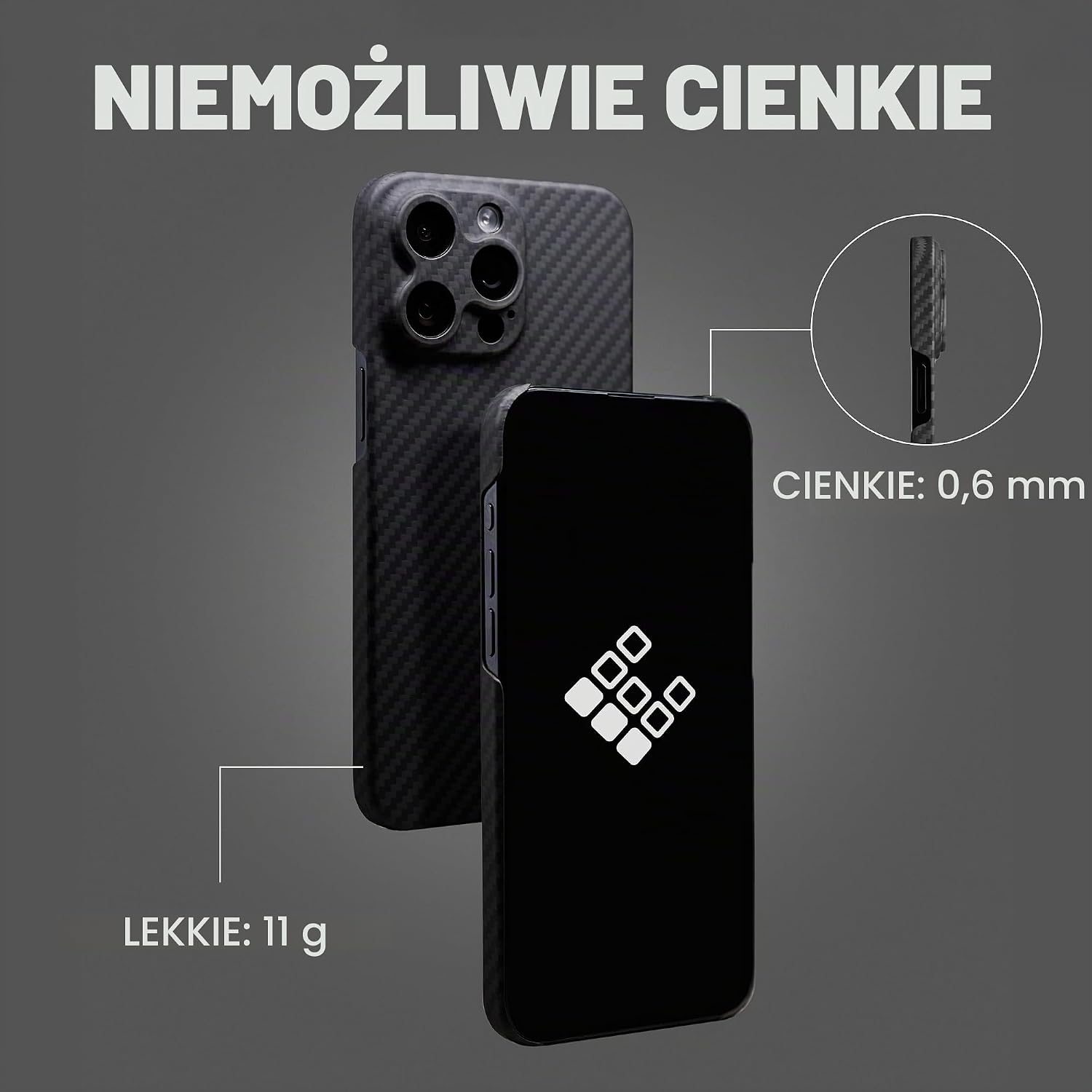 Detalle de Latercase etui do iPhone’a 15 Pro Max z włókna aramidowego, 0,6 mm