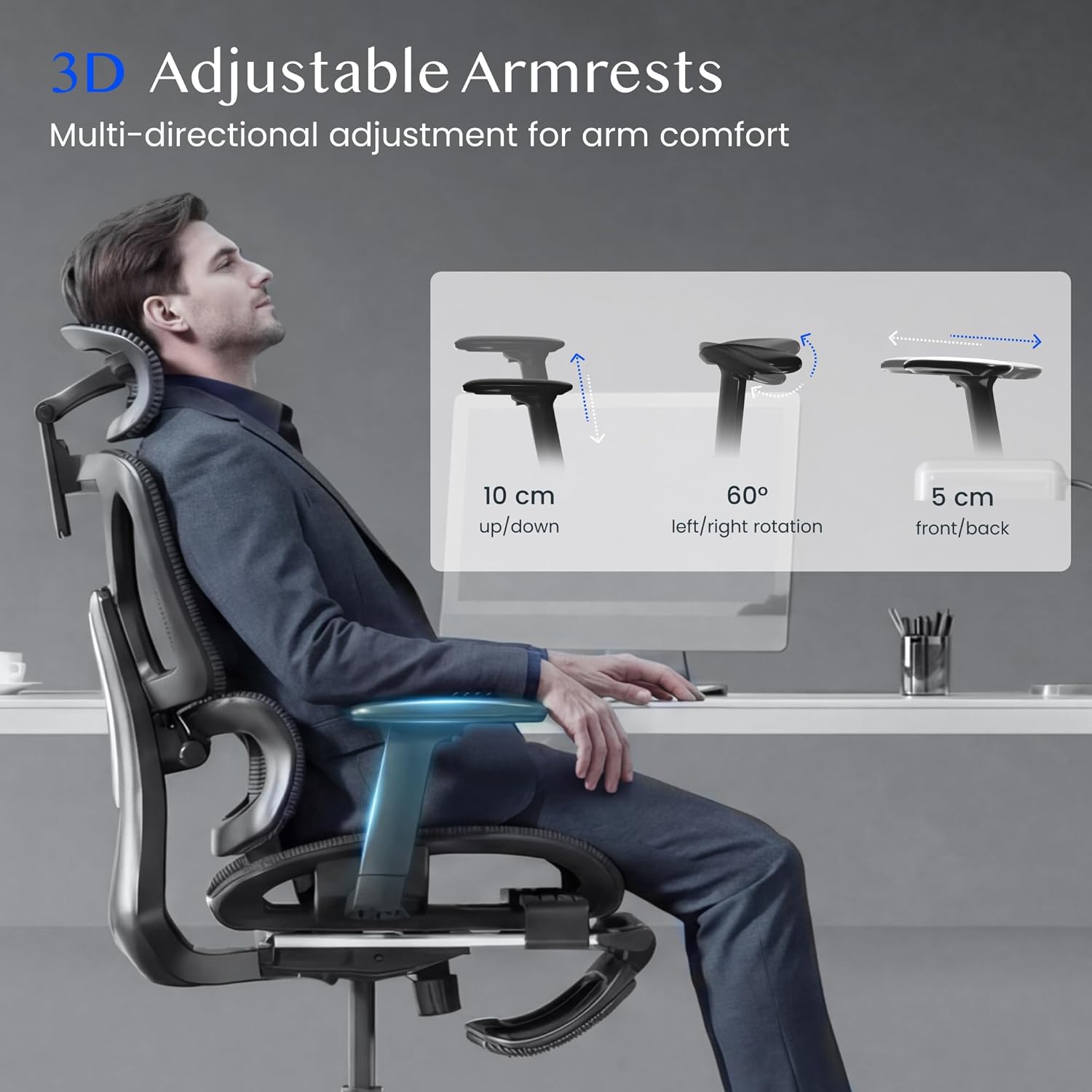 Thumbnail 4 de FLEXISPOT ErgoX Chaise de bureau ergonomique en maille pivotante avec repose-pieds, accoudoirs 3D et soutien lombaire indépendant (gris)