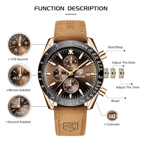Detalle 2 de BENYAR BY-5140 Men's Analogue Quartz Chronograph Watch with Brown Leather Strap