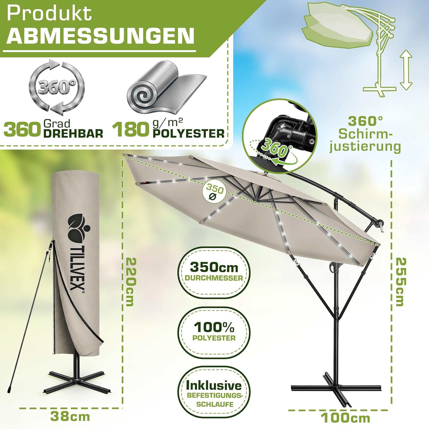 Thumbnail 1 de tillvex Alu Ampelschirm mit LED Solar Abdeckung, Kurbel und UV-Schutz Ø 300 cm