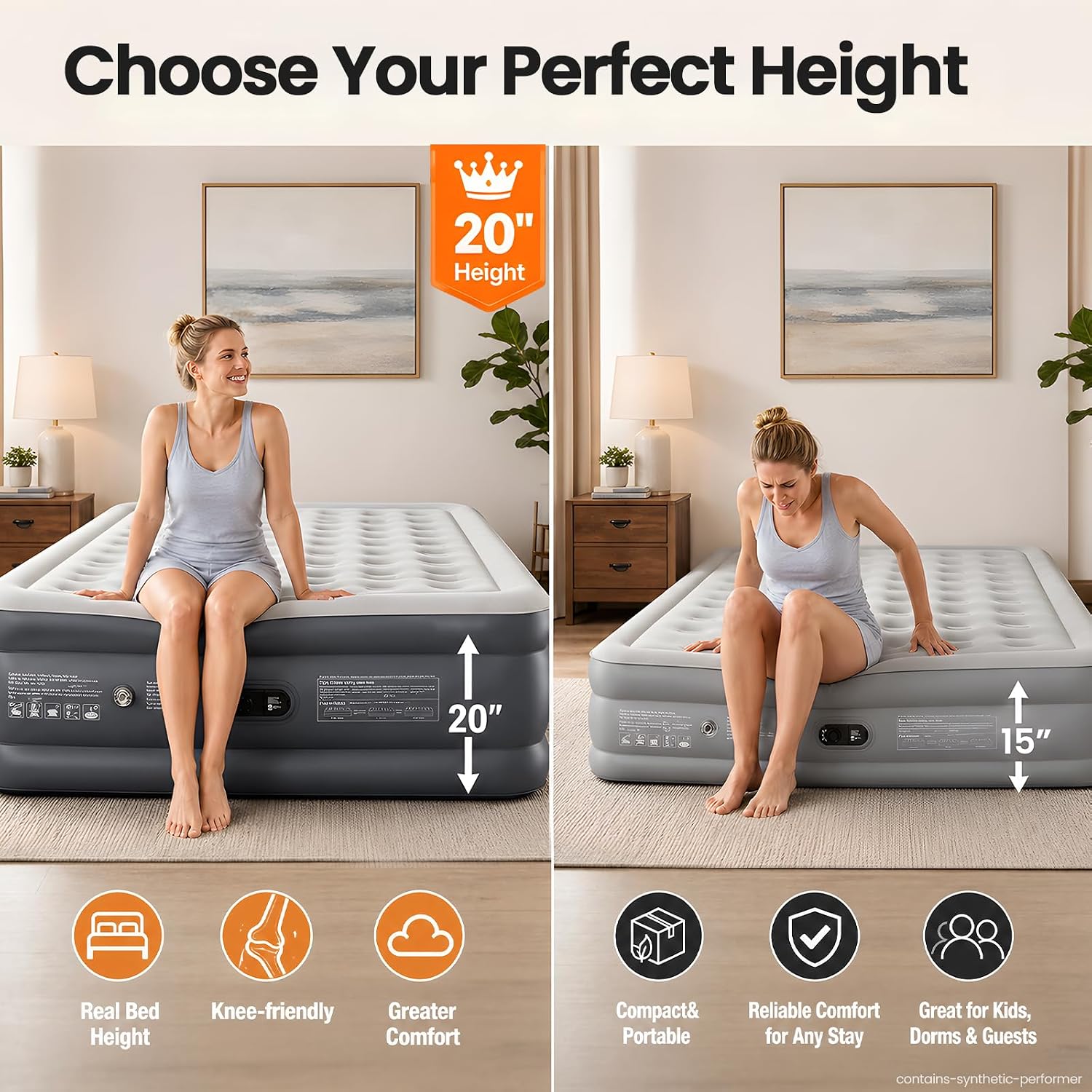 Detalle 1 de OlarHike AMH3 King Air Mattress, 20-Inch with Built-In Pump, 850-lb Capacity