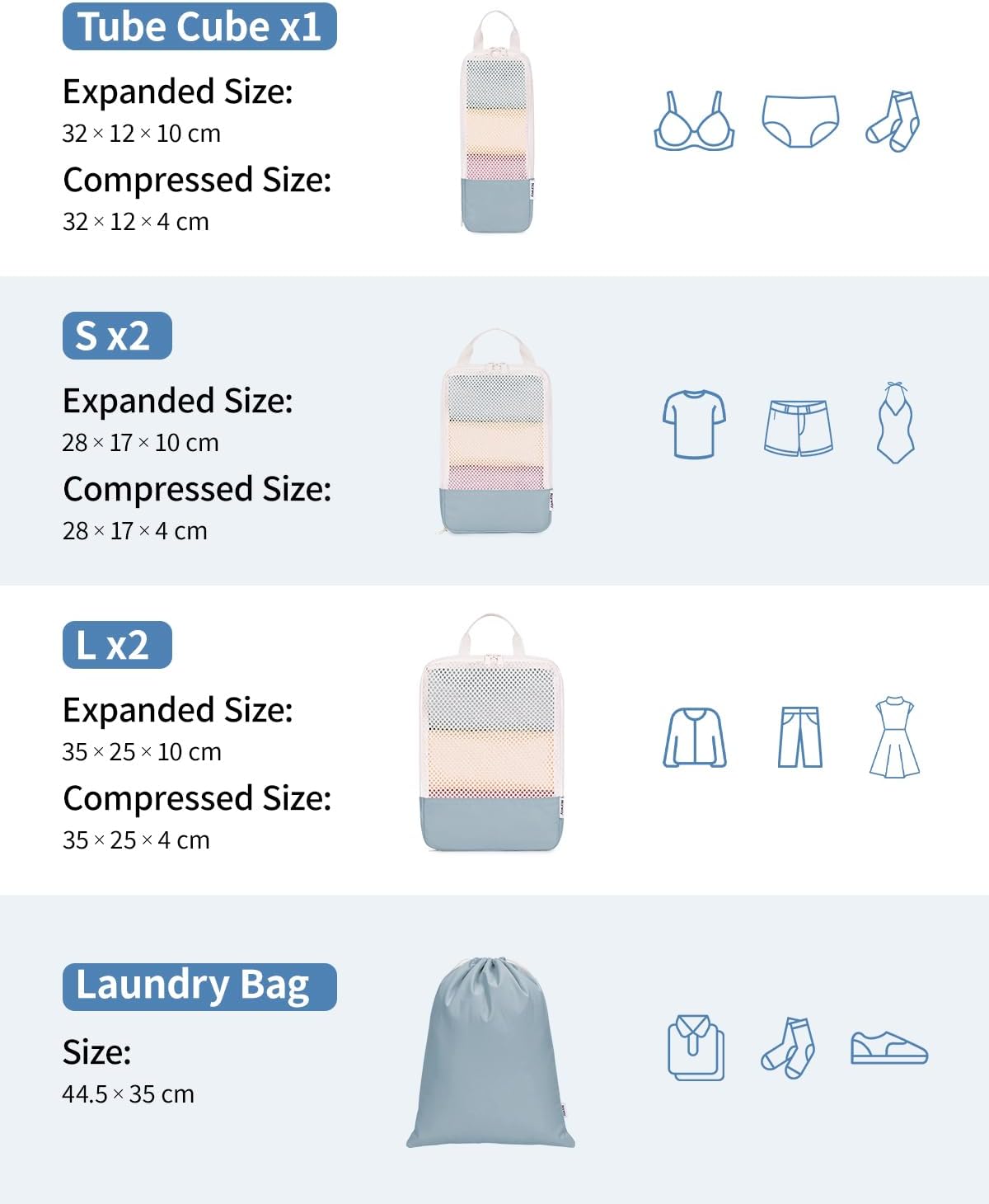 Detalle 2 de Narwey 6‑Piece Compression Packing Cubes Set for Carry-On Luggage (Grayish Blue)