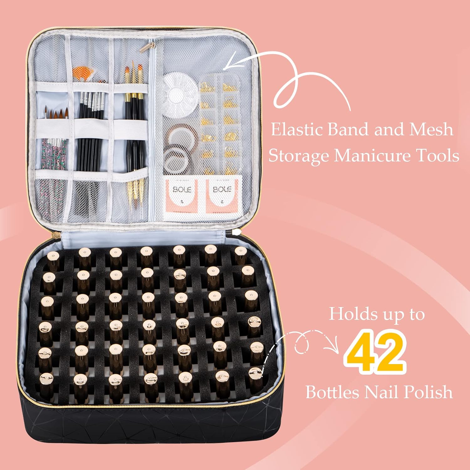 Detalle 2 de Uross Nail Polish Organizer Bag (holds 42 bottles) — Black nail storage case for polish and nail tools