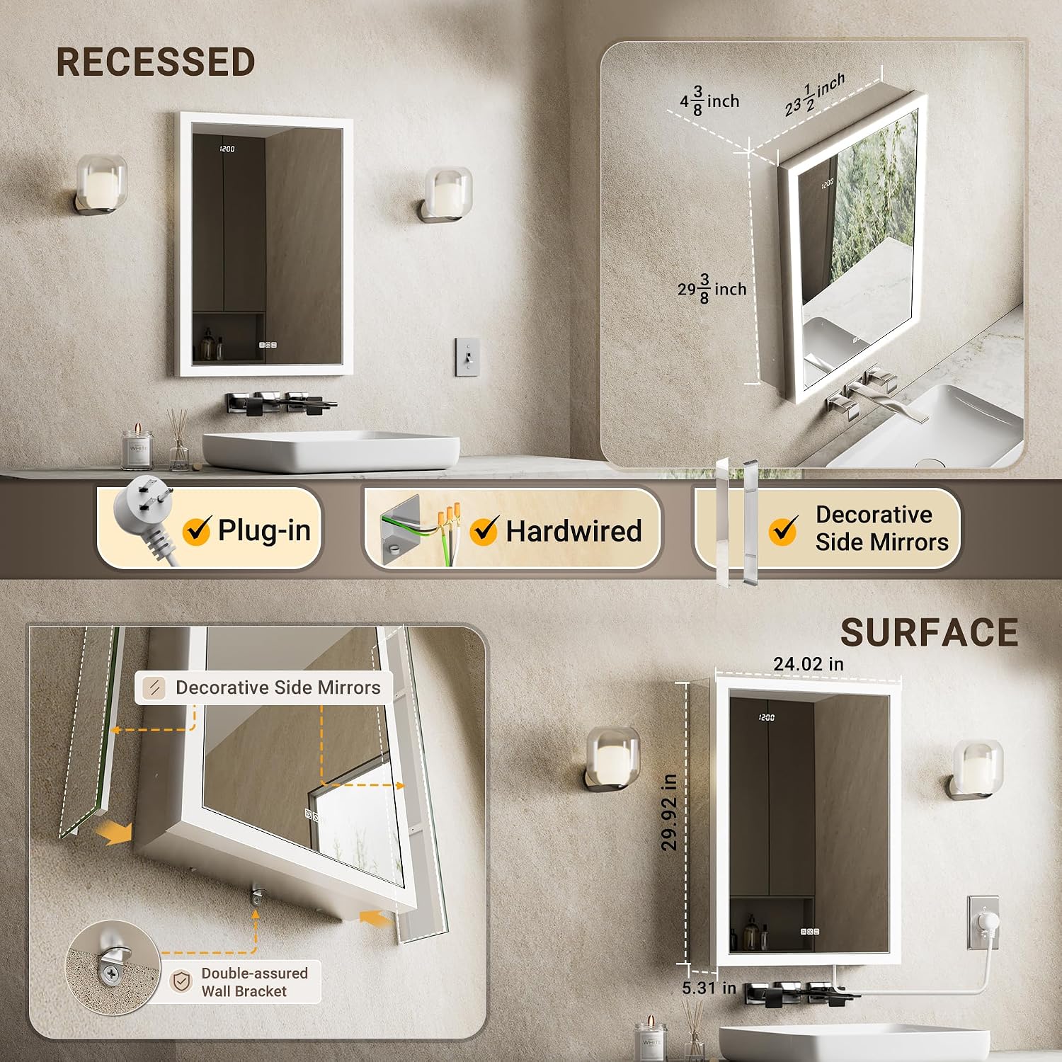 Detalle 1 de QueenFun 111 Lighted Medicine Cabinet, 24 x 30, Dimmable LED Mirror
