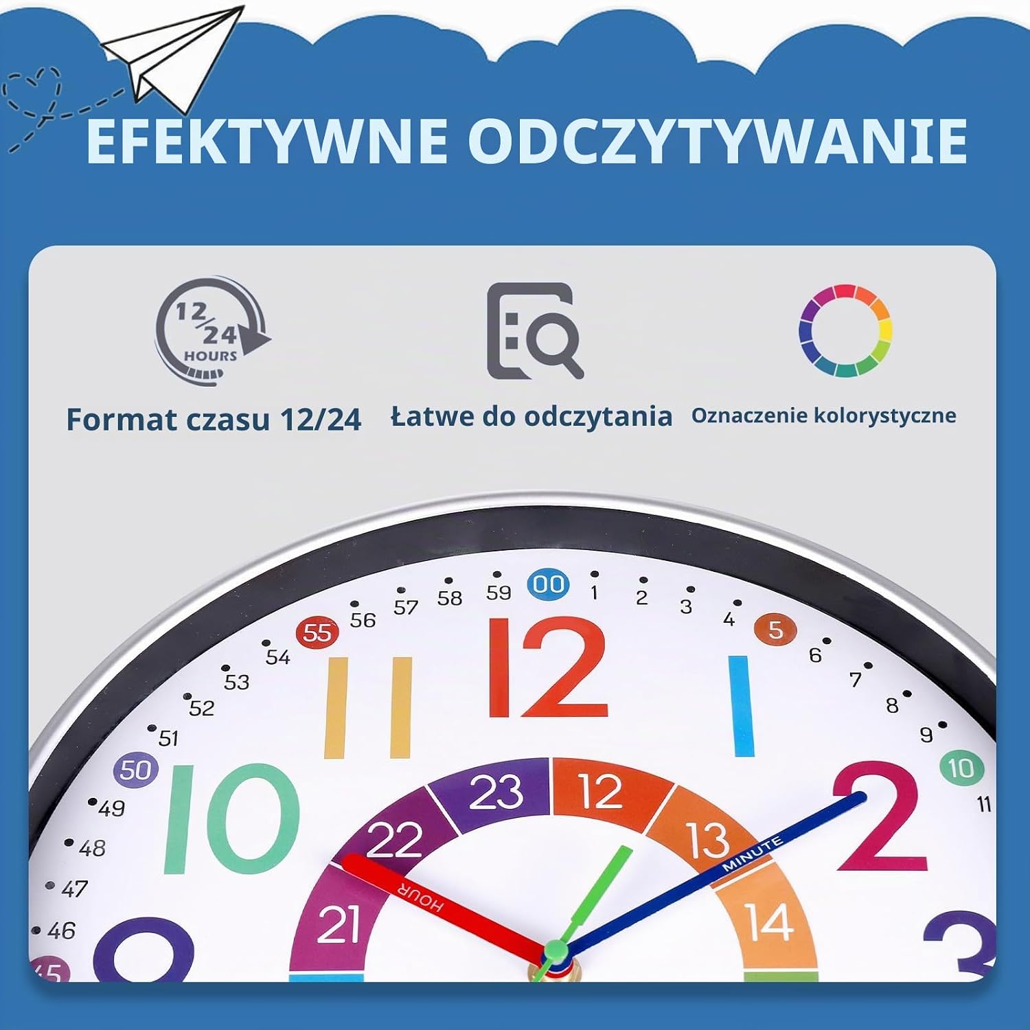 Detalle 2 de JIZZU K006 zegar ścienny dla dzieci 30 cm, cichy, z kolorowymi cyframi