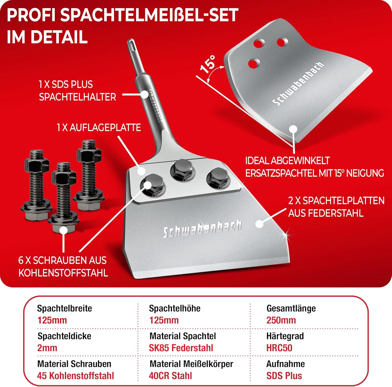 Thumbnail 2 de SCHWABENBACH Verbesserter Spachtelmeißel SDS-Plus 125 x 250 mm (Flachmeißel, inkl. Ersatzklinge) – Bodenschaber zum Entfernen von Belägen