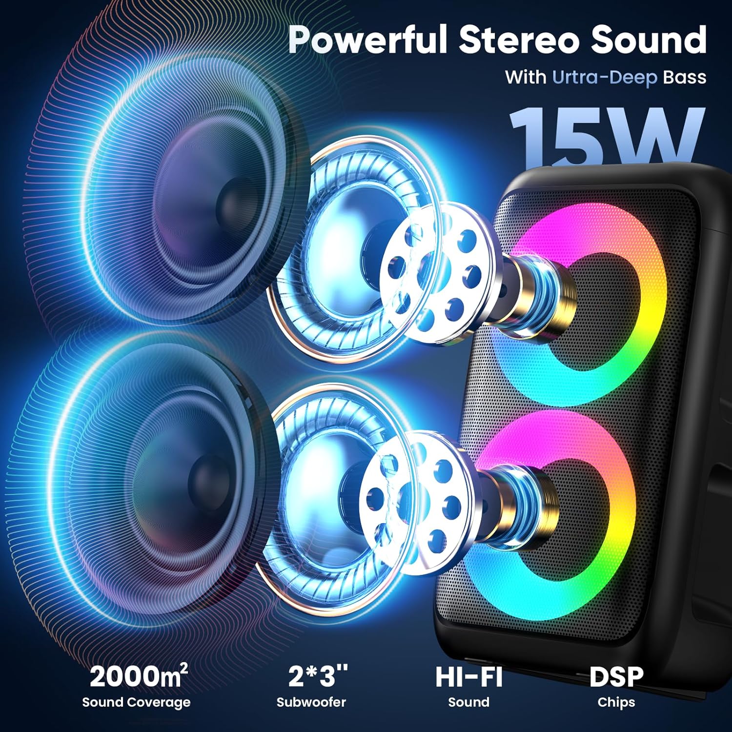 Detalle de Peski T-08 Karaoke Machine, 15W Bluetooth Speaker with Two Wireless Microphones