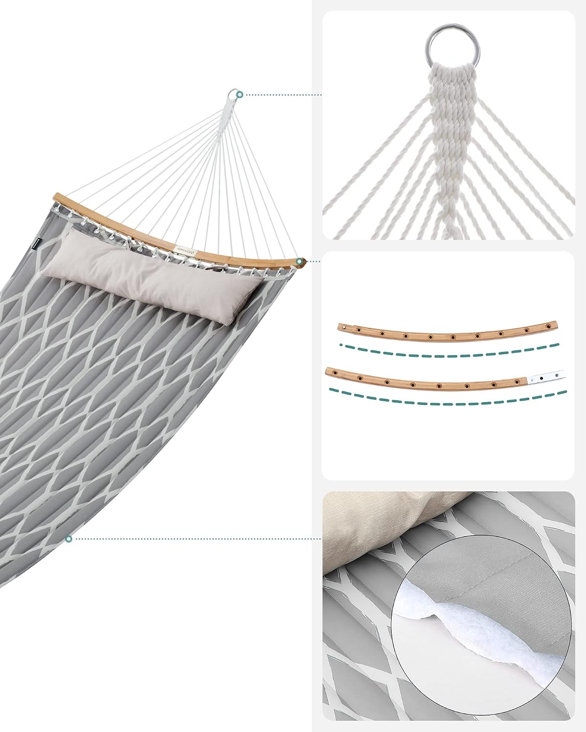 Thumbnail 5 de SONGMICS Hängematte gepolstert mit teilbaren Bambusstangen, 200 x 140 cm, max. 225 kg – grau/beige