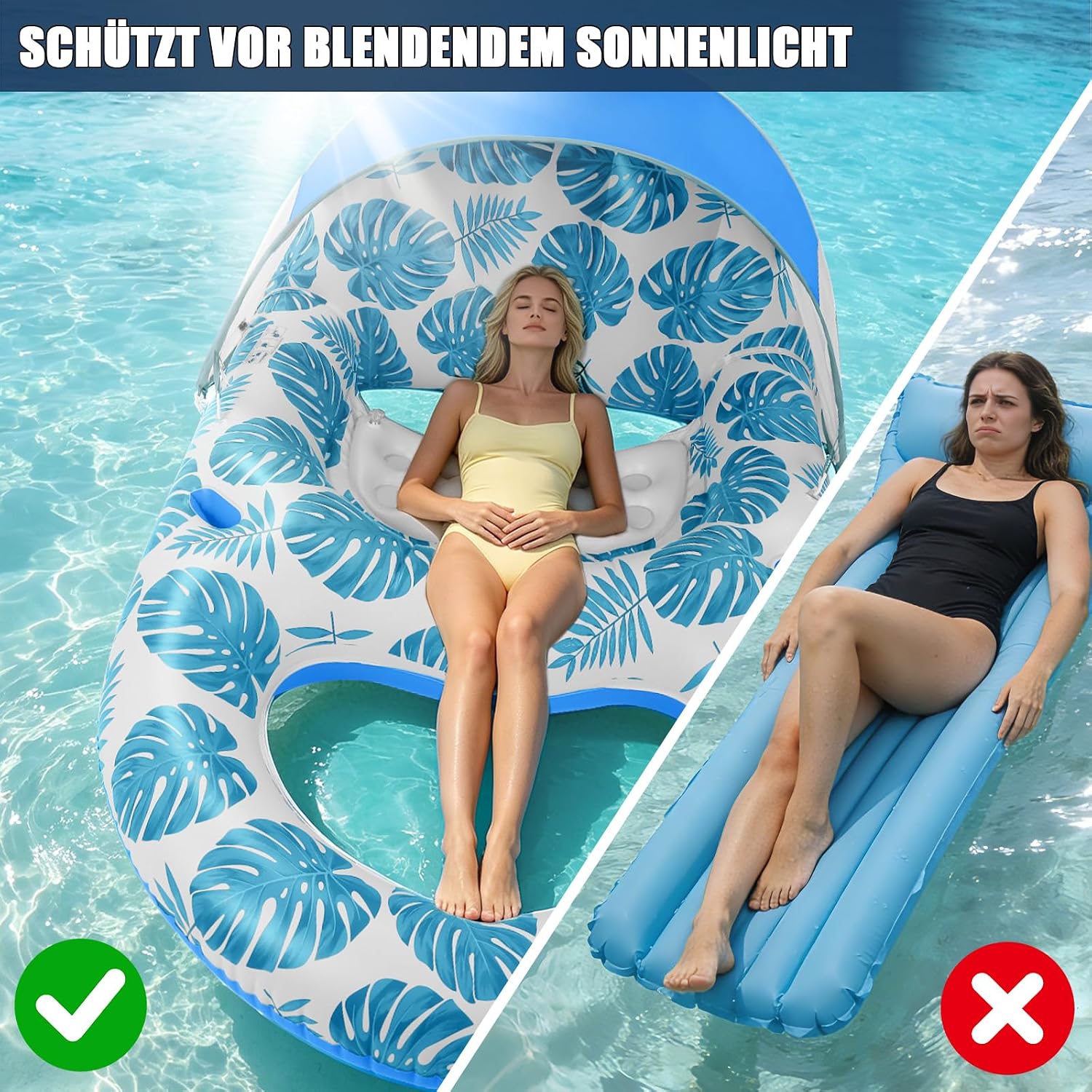 Detalle de Cheffery Luftmatratze Pool – Aufblasbares Sonnenpool-Sofa mit Sonnendach, Getränkehalter und Fußstütze