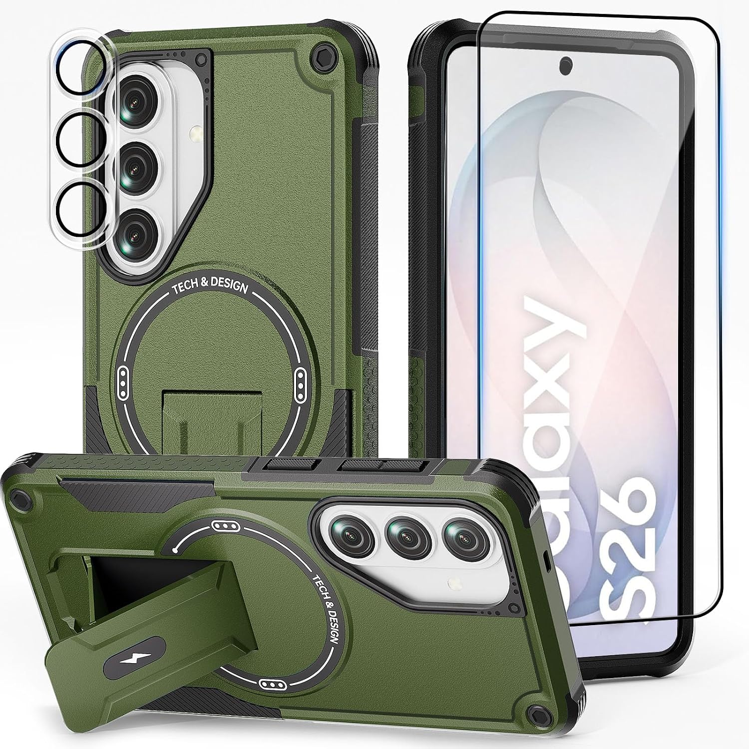 Detalle de Leedia Magnetische Hülle für Samsung Galaxy S26 – Dual-Layer Schutz mit verstecktem Ständer, 2 Displayschutzfolien & 2 Kameraschutz, Grün