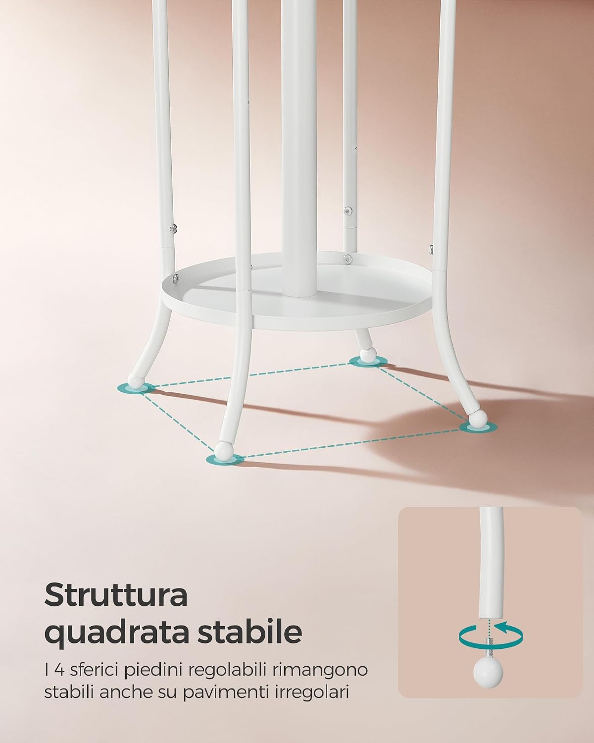 Detalle 2 de SONGMICS Appendiabiti da terra con portaombrelli e 12 ganci RCR011W01, altezza 175 cm, bianco perla