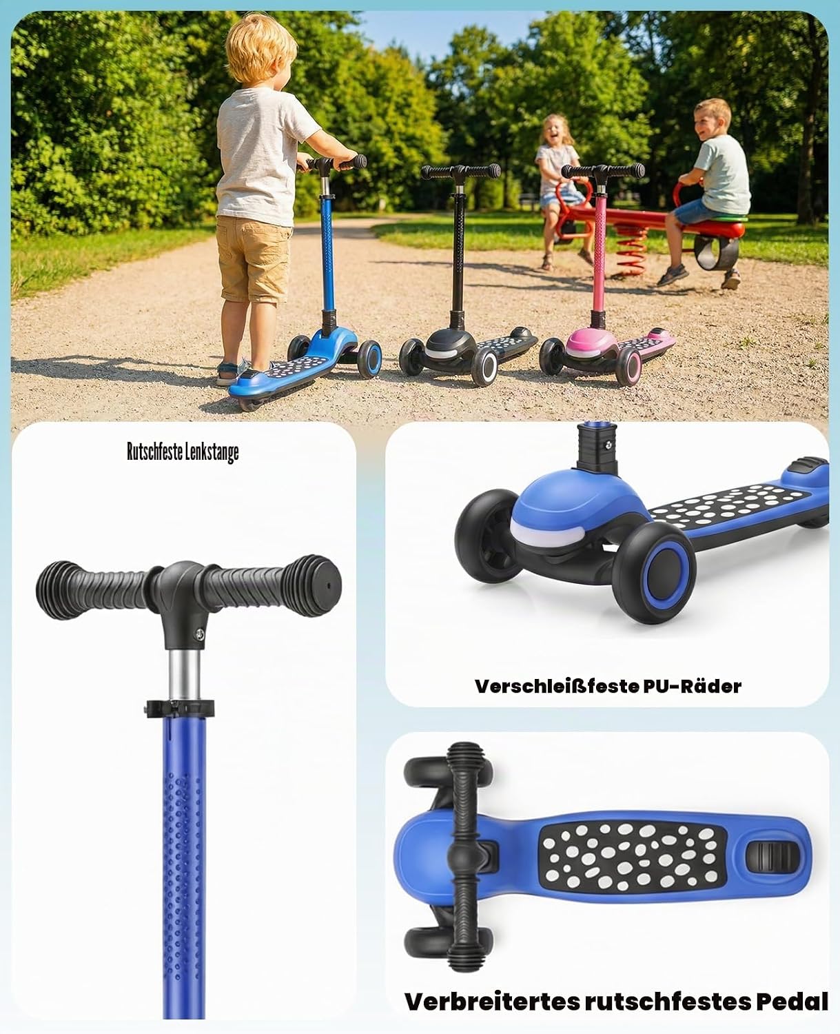 Detalle de UBRAVOO Roller Kinder 3–10 Jahre – klappbar, 4-Stufen-Lenkerhöhe, LED-Farbtouren, breites Deck, Hinterradbremse