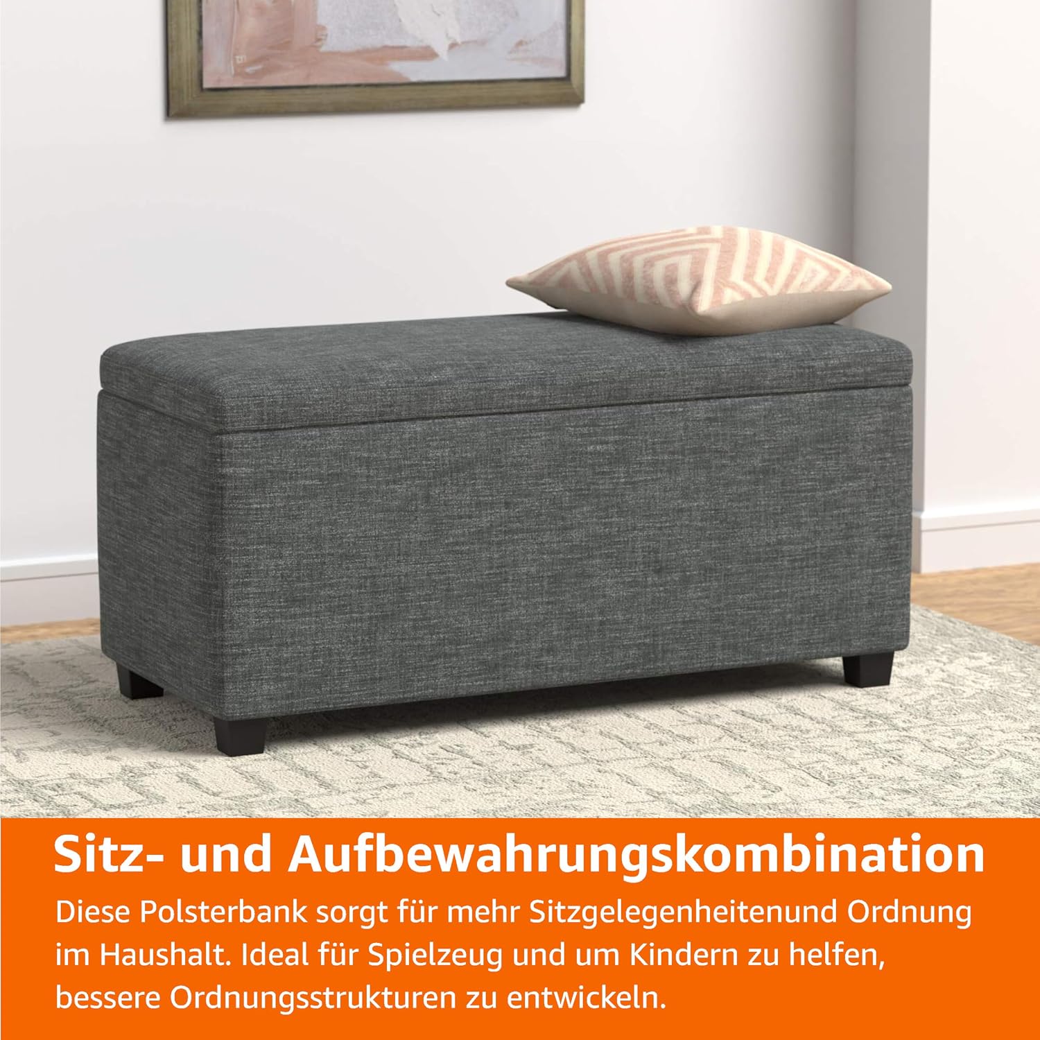 Detalle 2 de Amazon Basics Bank für den Eingangsbereich – rechteckig, gepolstert mit Stauraum, 42 x 90 x 43 cm, Flur/Schlafzimmer in Dunkelgrau