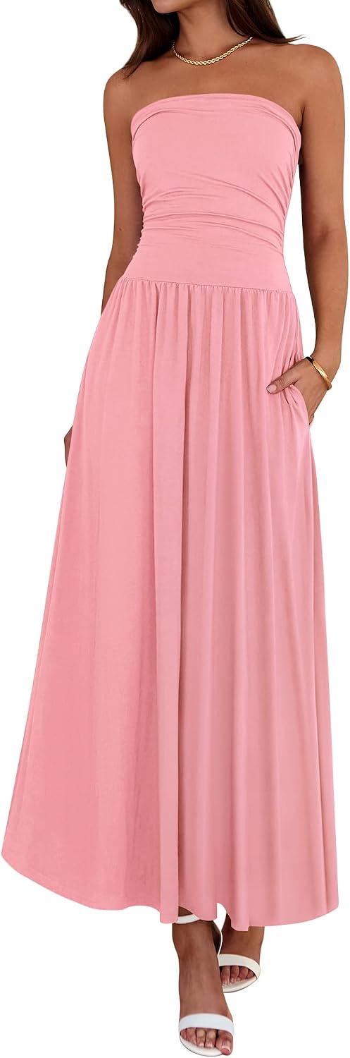 Detalle de BTFBM BT571 Strapless Maxi Dress with Ruched Tube Top, Pockets and Silicone Grip