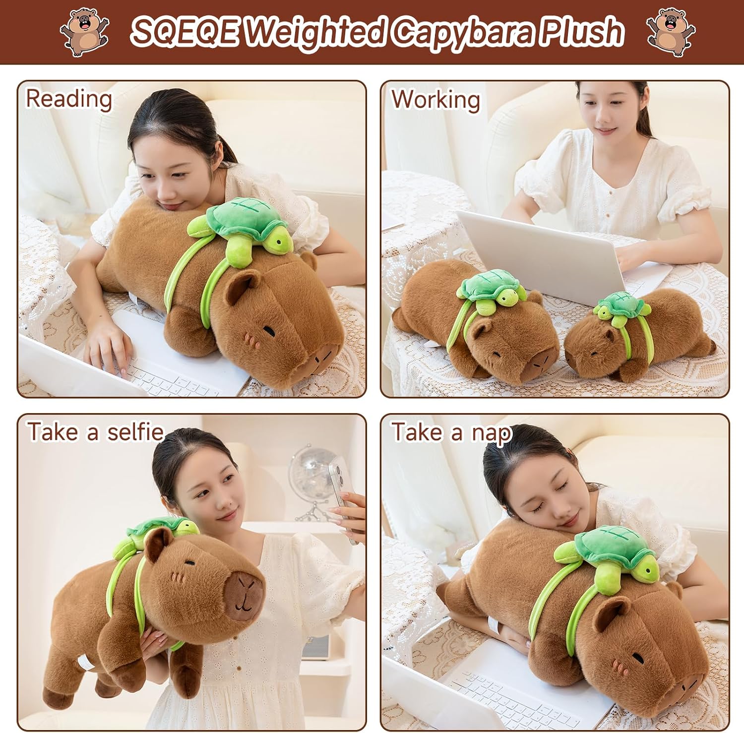 Thumbnail 6 de SQEQE Weighted Capybara Plush with Turtle Backpack (13.8 Inch) — Cozy Weighted Hug for All Ages