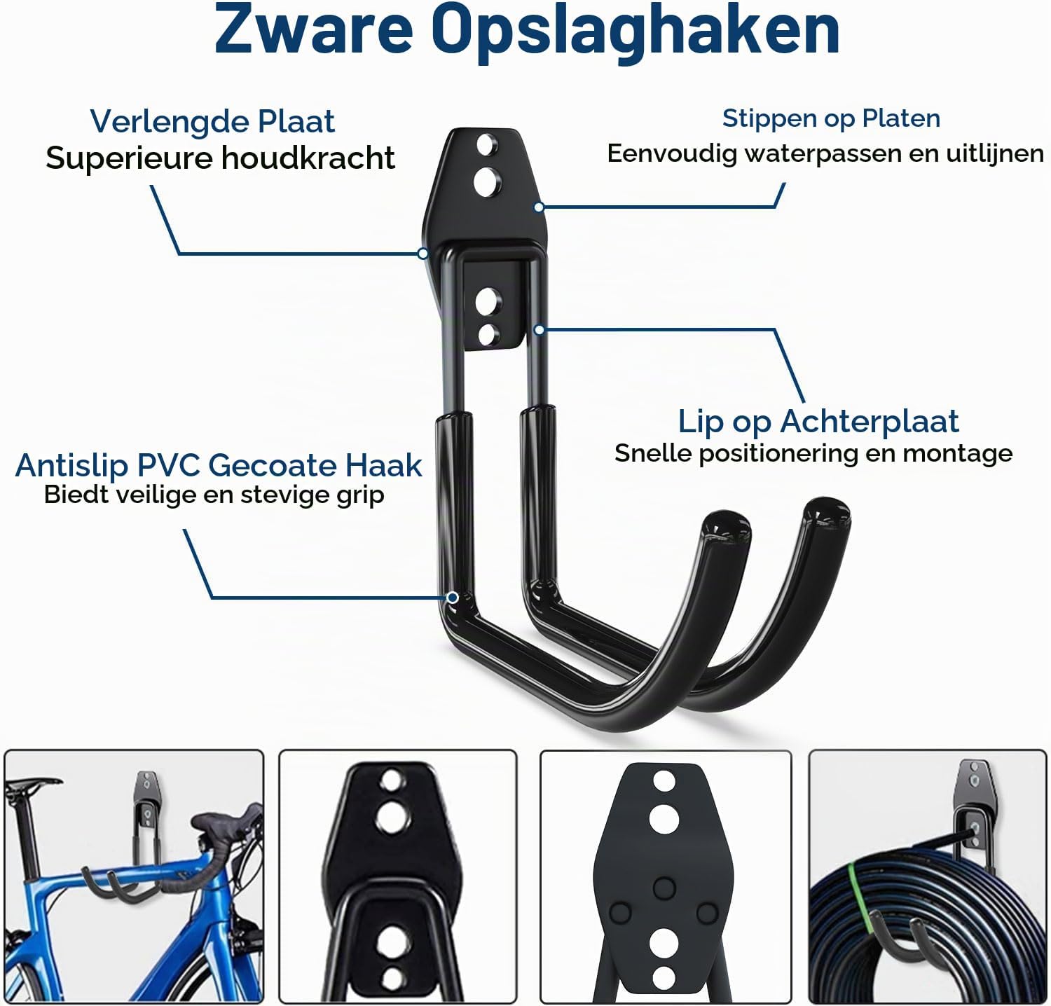 Detalle de 3-H J-M-10-S garagehaken, 10 dubbele stalen wandhaken met antislipcoating