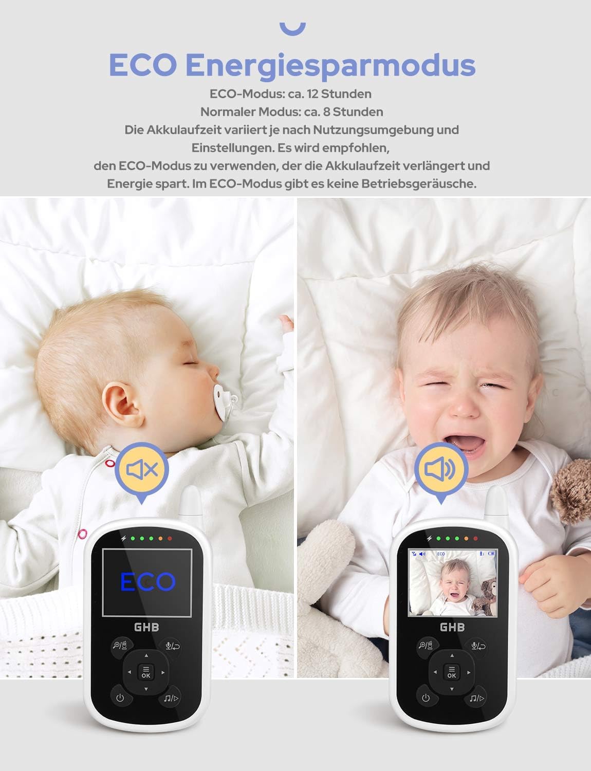 Detalle de GHB Babyphone mit Kamera Video Monitor 2,4 GHz – Akku, Nachtansicht, Schlaflieder und Temperatursensor