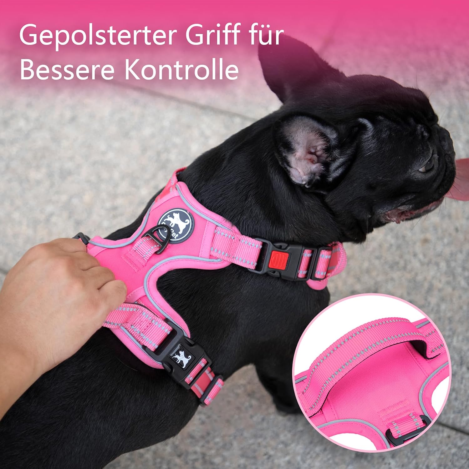 Detalle de PoyPet Hundegeschirr ohne Zug mit reflektierenden Elementen, weich gepolsterte Weste und Steuergriff – für große Hunde (Rosa, XL)