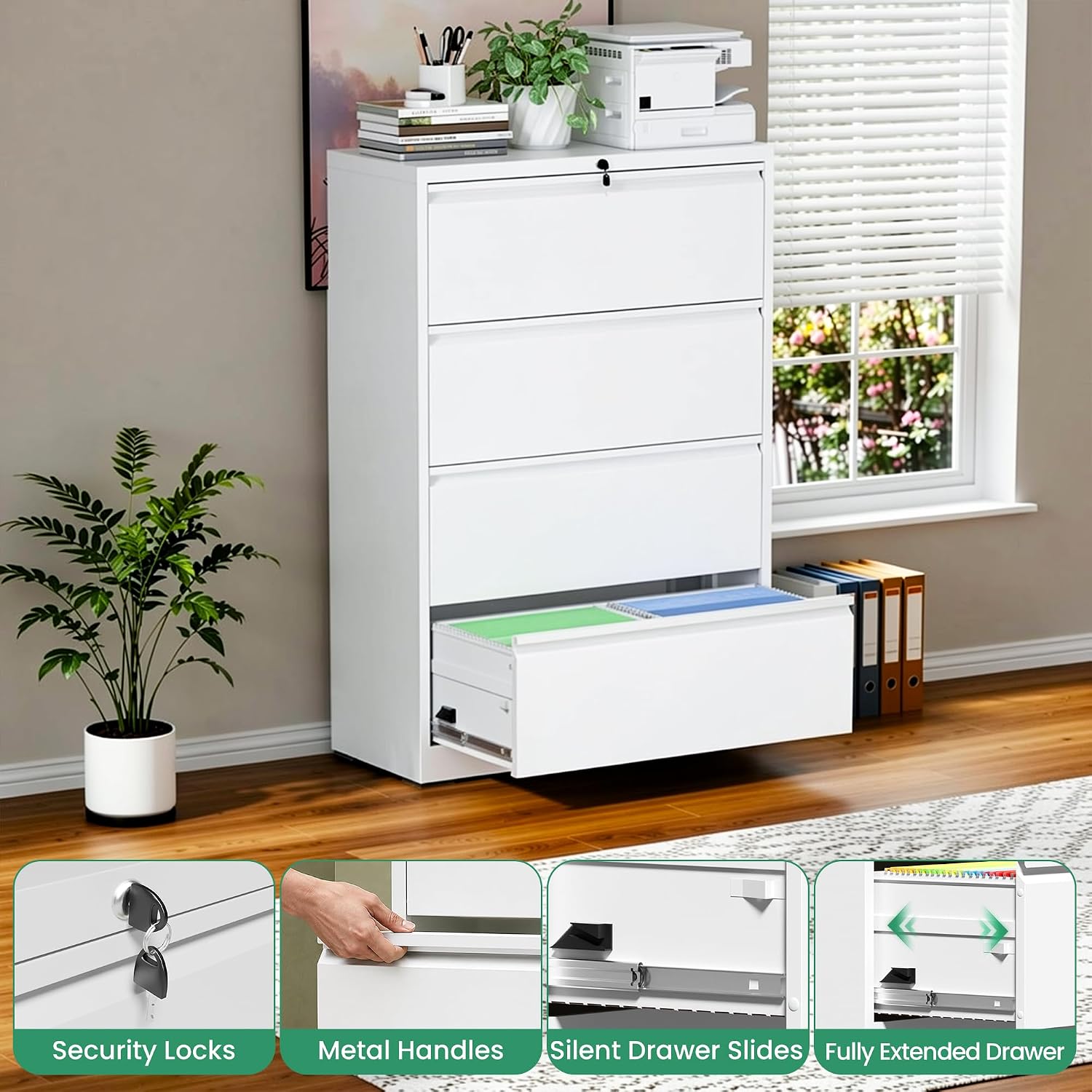 Detalle de VIYET LFC001 4-Drawer Lateral File Cabinet with Lock, White Steel