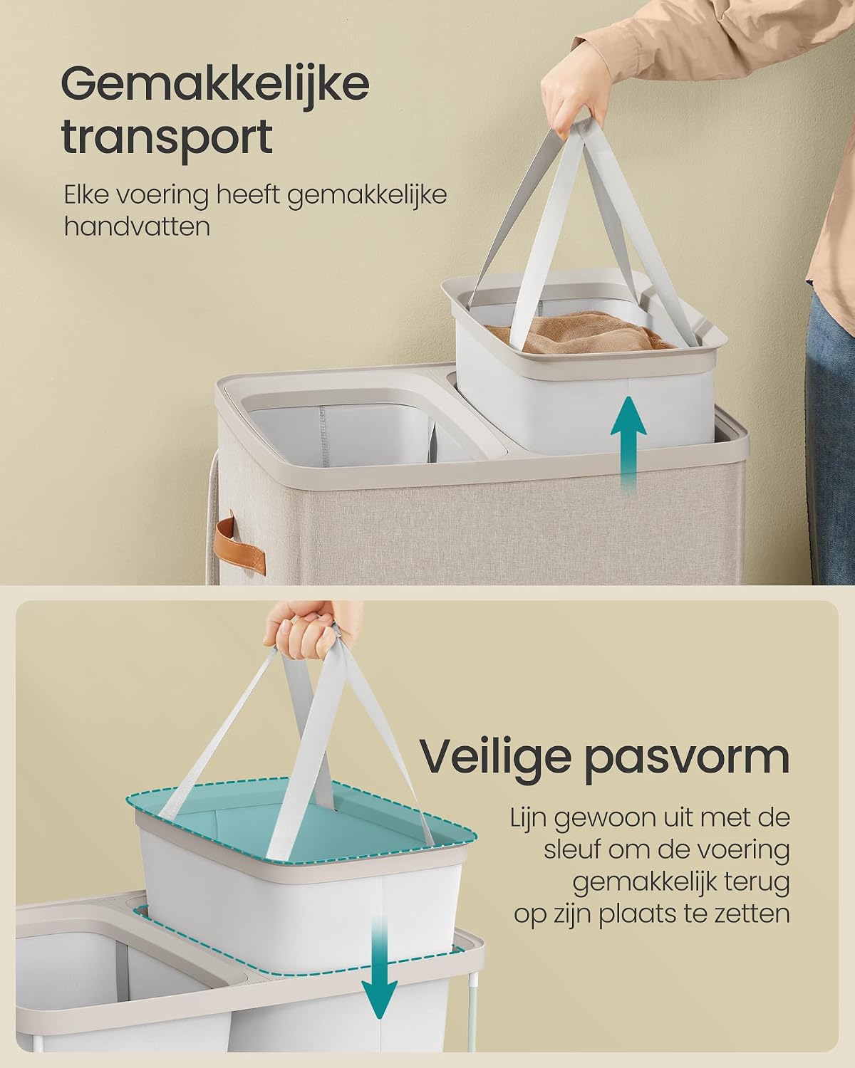 Detalle 2 de SONGMICS BROSI LCB813L01 wasmand, 170 liter, 2 vakken, cappuccinobeige