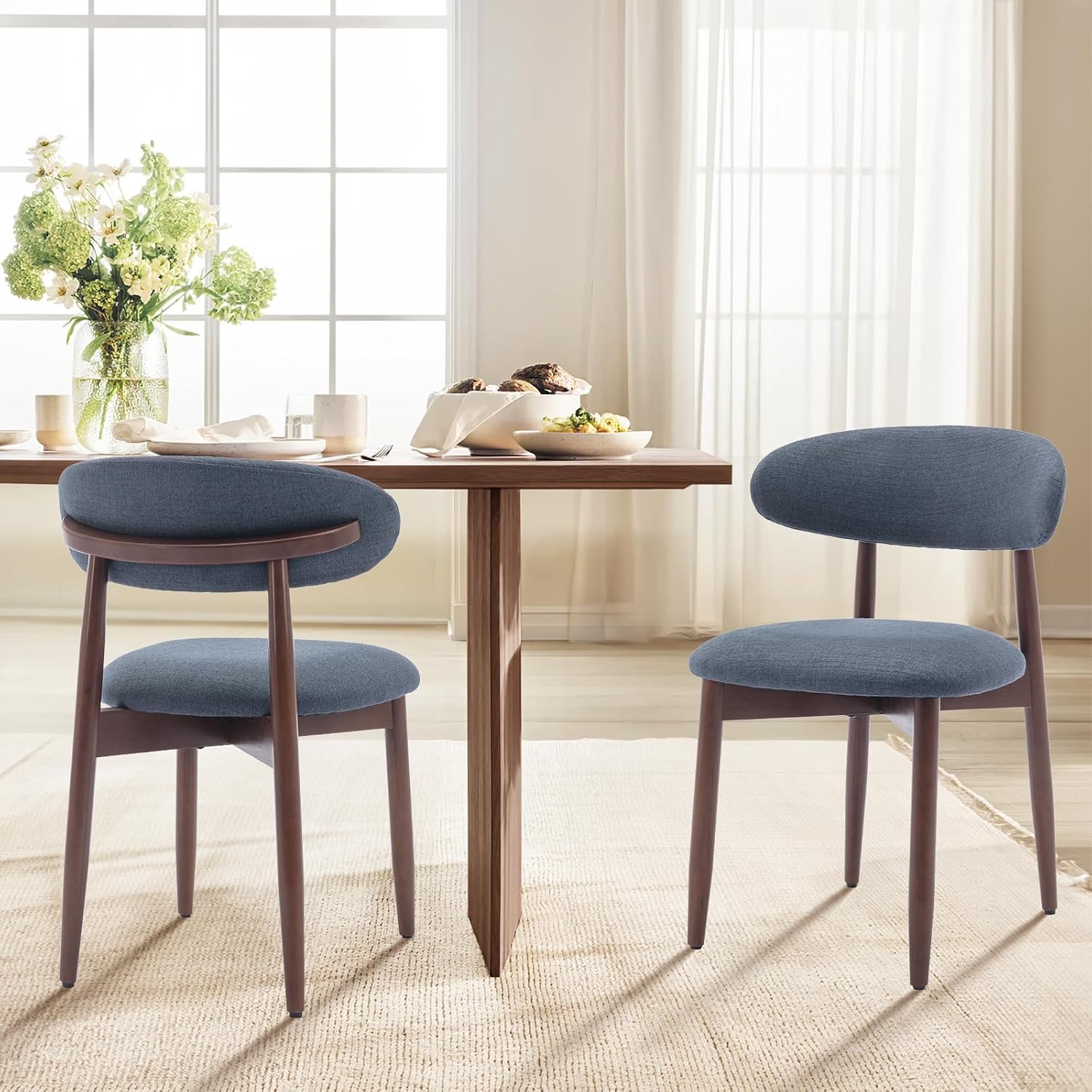 Detalle 2 de COLAMY D6270US Dining Chairs, Blue Fabric Upholstery, Rubberwood Frame, Set of 2