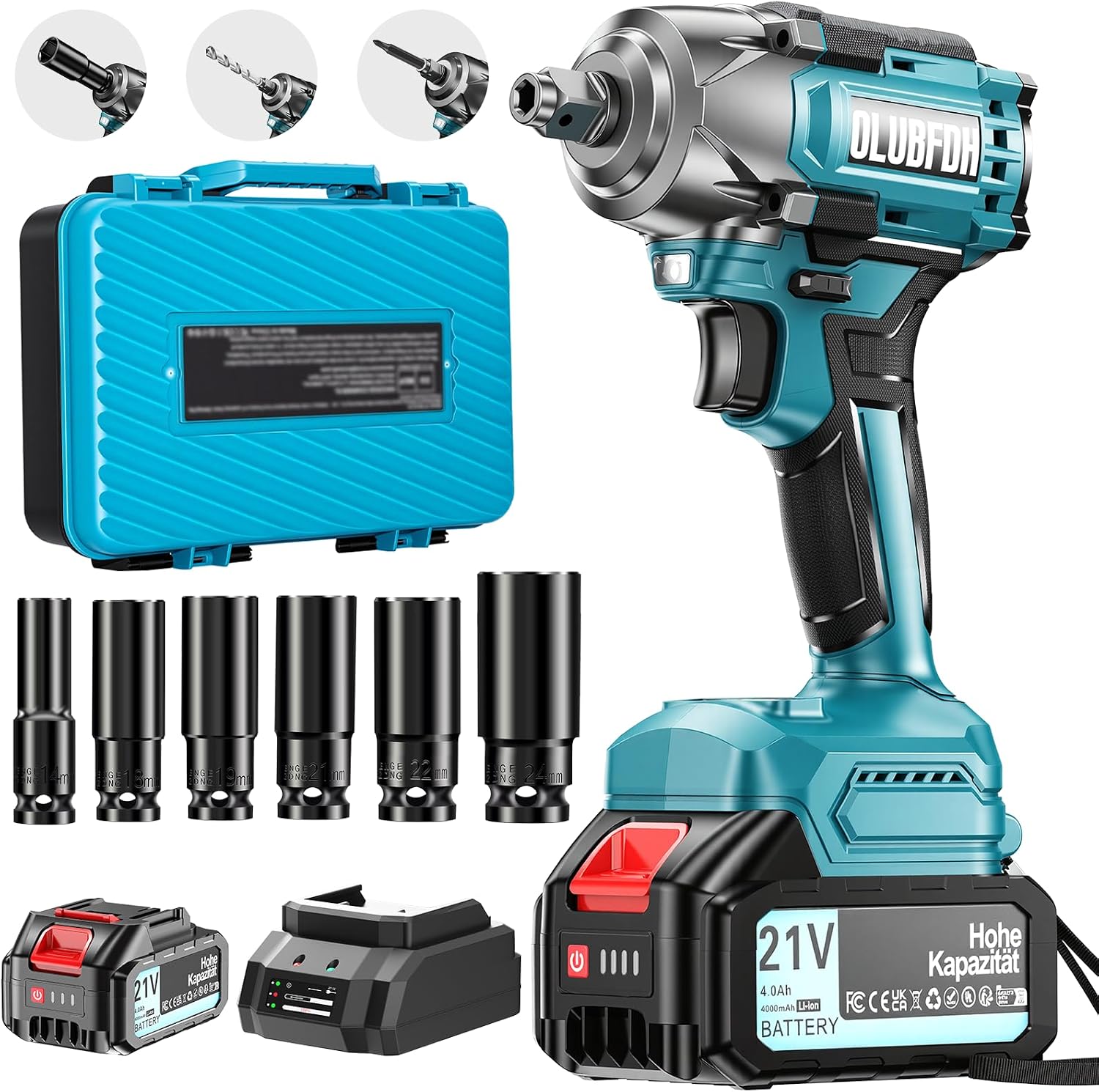 Olubfdh Avvitatore a Impulsi Brushless 21V, 500 Nm, 3-in-1 con Batteria 4,0 Ah e Caricabatterie