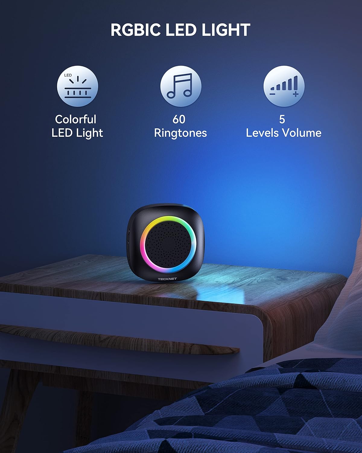 Detalle de TECKNET Wireless Doorbell kit with RGB light, IP66 waterproof design and 110 dB volume