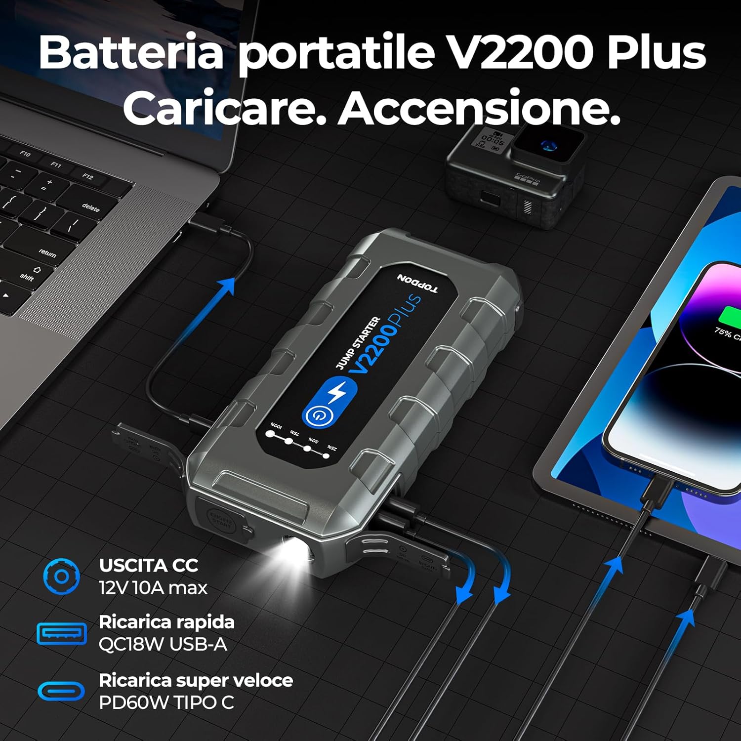 Thumbnail 4 de TOPDON V2200Plus avviatore di emergenza e tester batteria 2 in 1 da 12V (2200A)