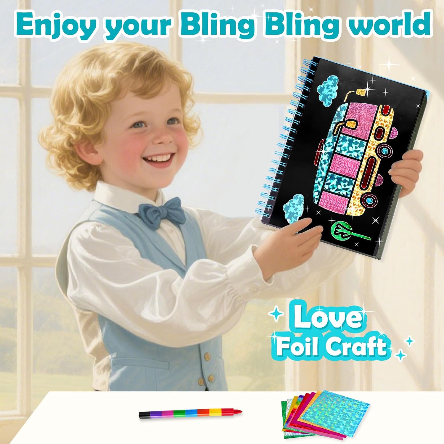 Detalle de LIKYMO Foil Art for Kids (Vehicles) – Foil Craft Book DIY set for ages 4–9