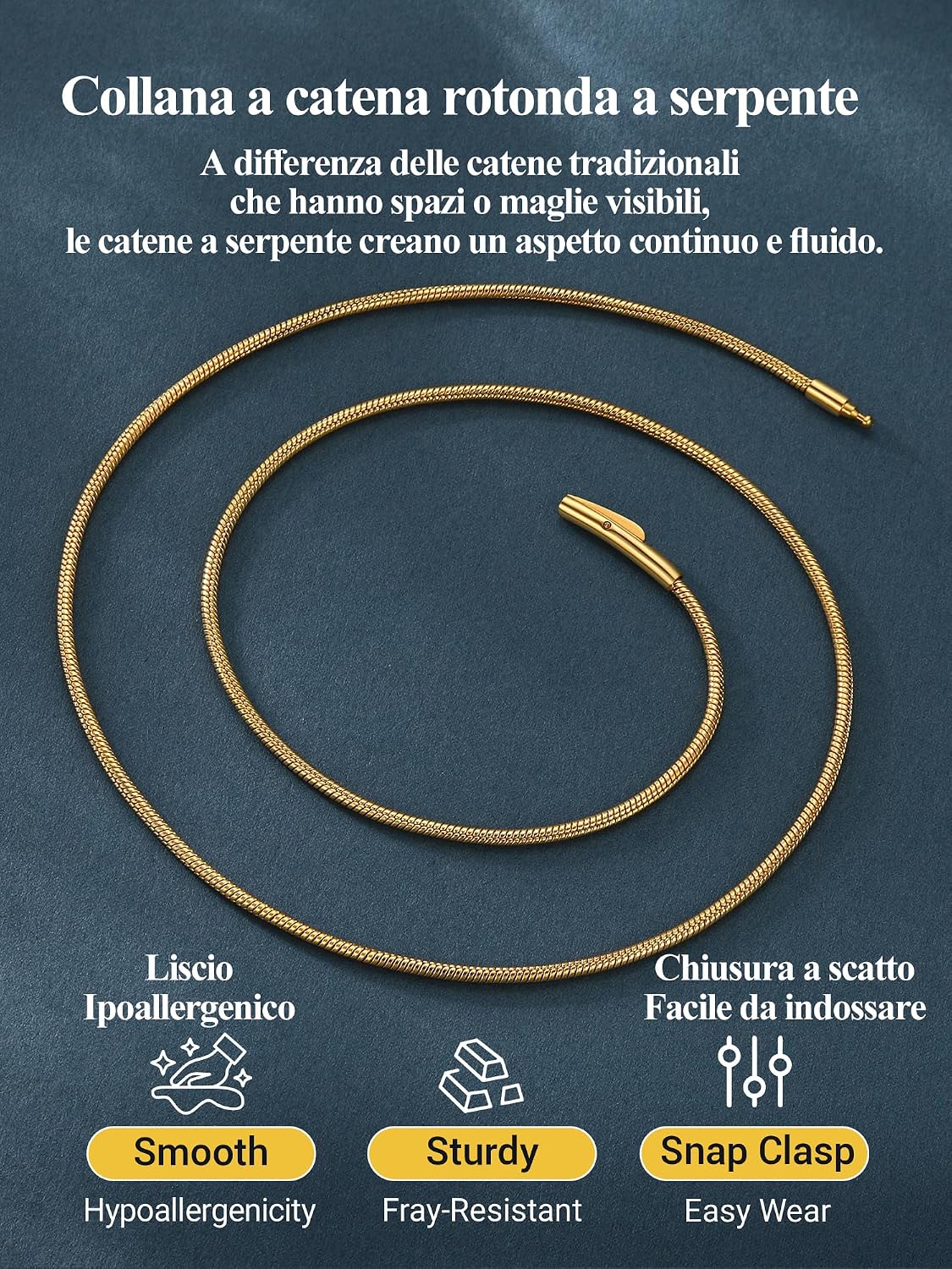 Detalle de PROSTEEL Collana Serpente 2MM 46cm in Acciaio Inox 316L, Dorata 18K, Cierre Clip – Versatile e Minimal