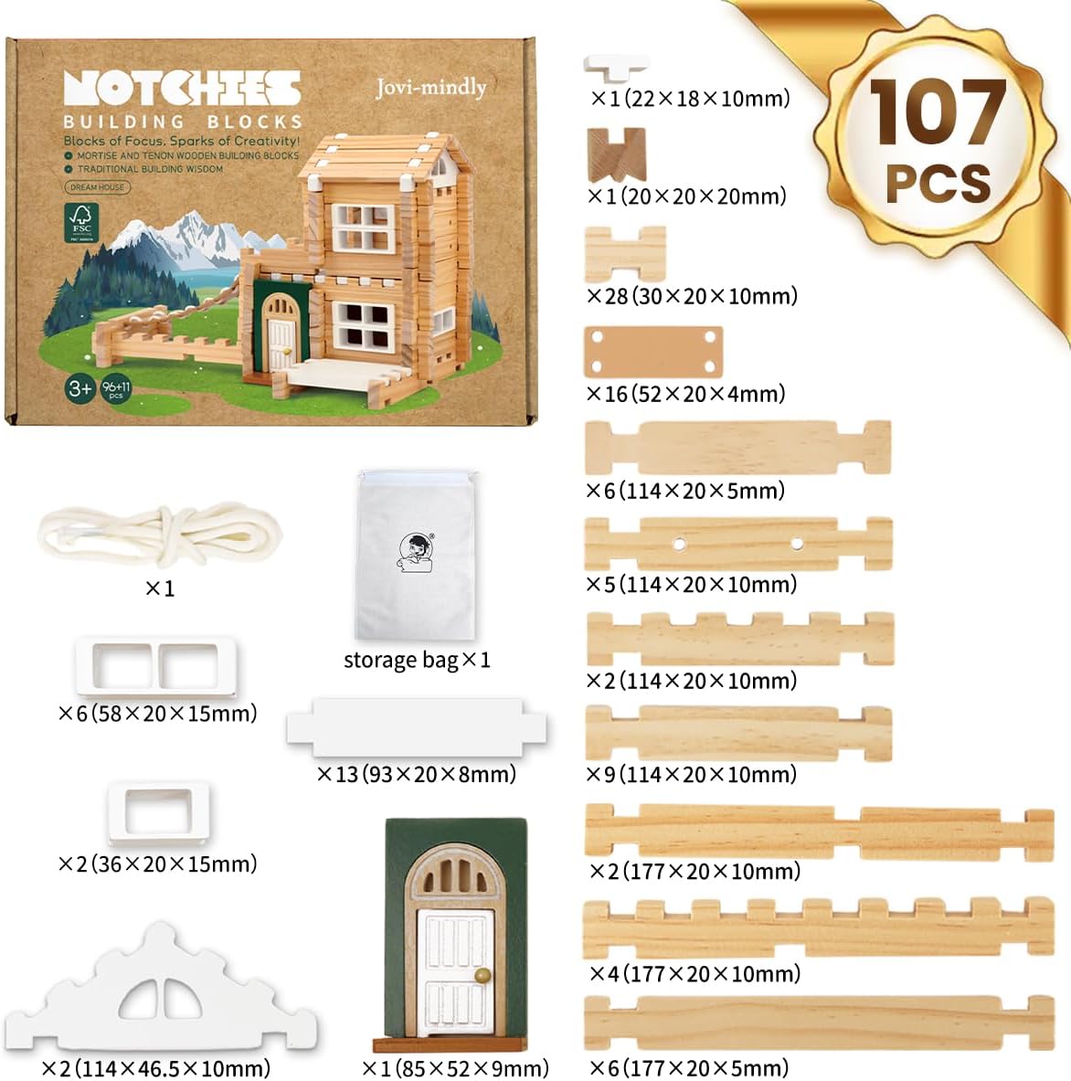 Thumbnail 1 de Jovi-mindly & Notchies 107-Piece Wooden Blocks with Door and Windows (No Printed Manual) for Ages 4–8