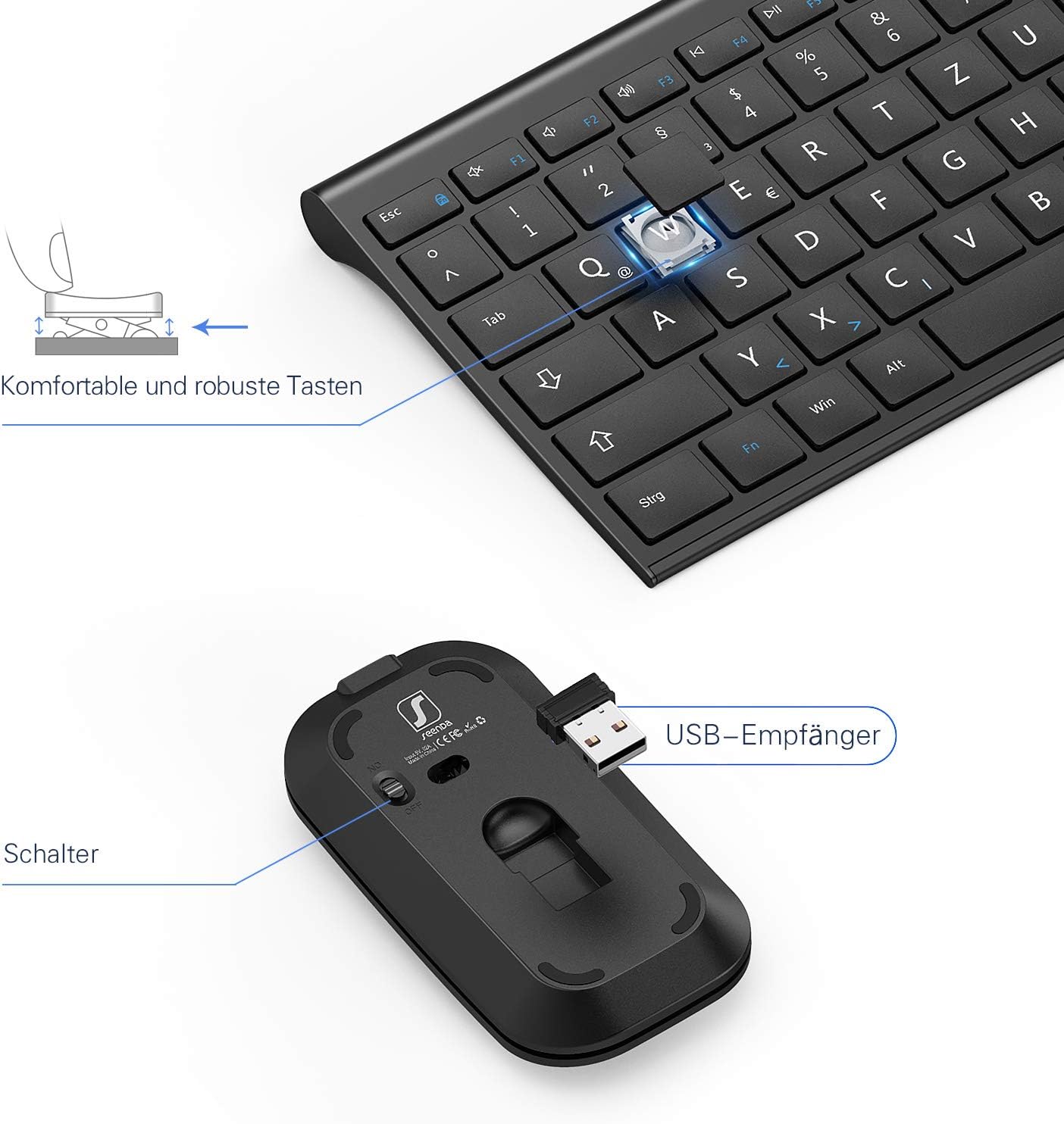 Detalle de seenda WGJP-031B Tastatur Maus Set Kabellos – ultraslimes Aluminiumgehäuse, 80%-Format mit vollem Nummernblock