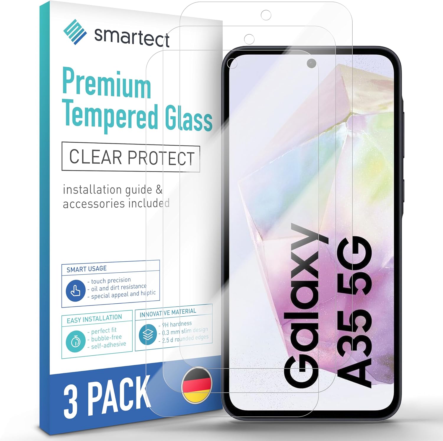 Detalle de SmarTect Glass Screen Protectors for Samsung Galaxy A35 5G, 3-Pack, 9H