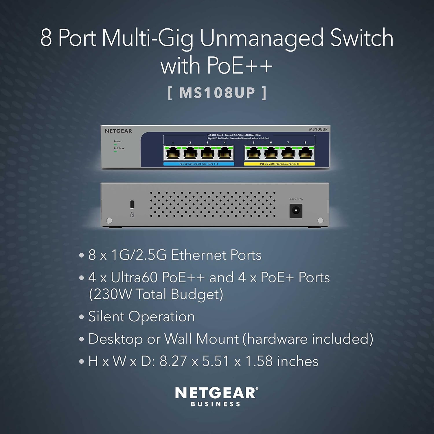 Thumbnail 1 de NETGEAR MS108UP 8-Port 2.5G Multi‑Gigabit PoE++ Switch (Ultra60, fanless, ProSAFE)