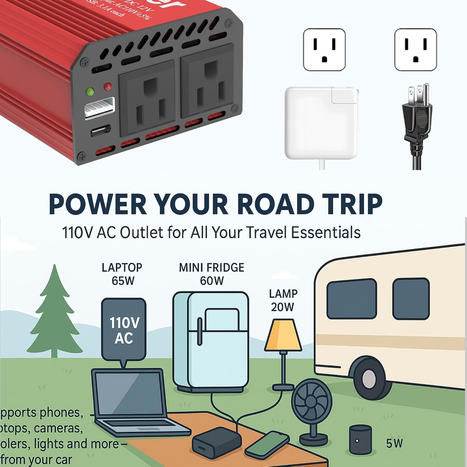 Detalle de Pro Chaser 400W Power Inverter for Vehicles (DC 12V to 110V AC) with USB-C PD 65W + Dual AC Outlets